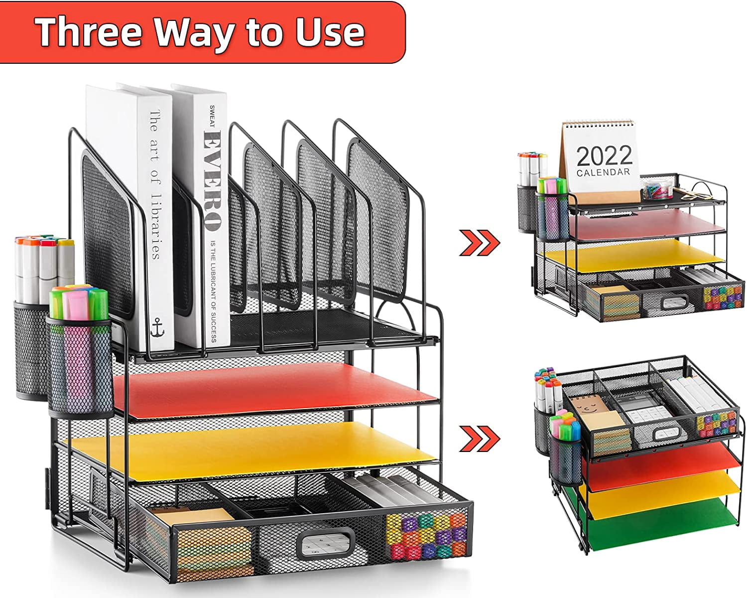 Marbrasse Mesh Desk Organizer with Drawer. 4-Tier File Holder