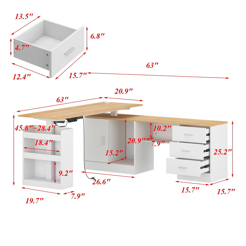 KULAGAGA Electric Standing Desk with Drawers and Shelves. Executive Adjustable Height Desk. L-Shaped Design. 63 inch Tabletop. for Office Deep Oak & White