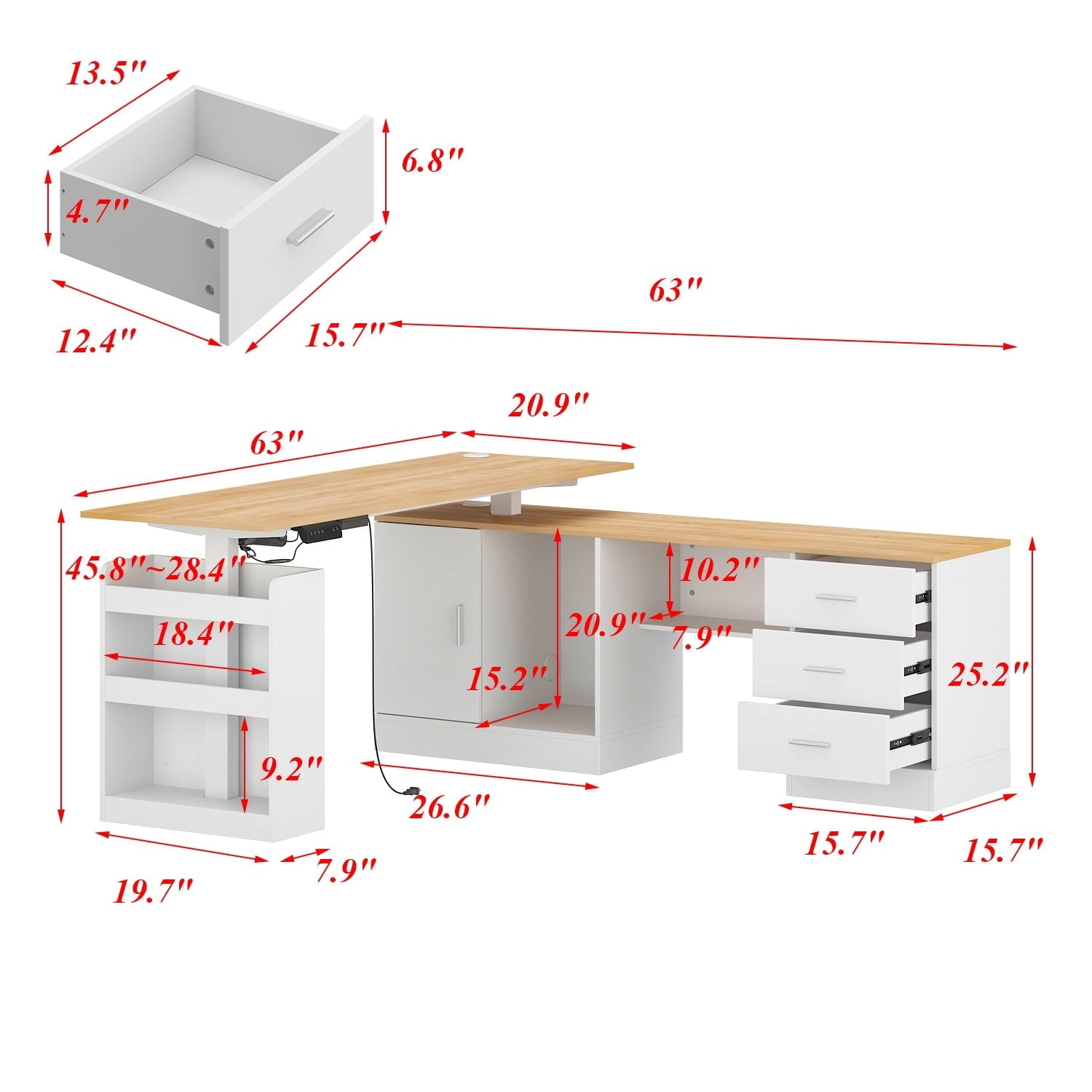 KULAGAGA Electric Standing Desk with Drawers and Shelves. Executive Adjustable Height Desk. L-Shaped Design. 63 inch Tabletop. for Office Deep Oak & White
