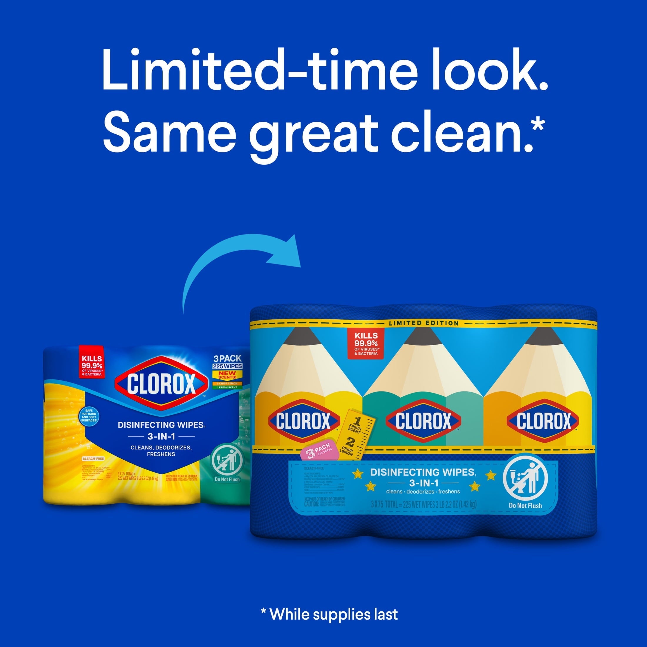 Clorox Disinfecting Cleaning Wipes Variety Pack. Bleach Free. Fresh Scent and Crisp Lemon. 75 Count Each. Pack of 3