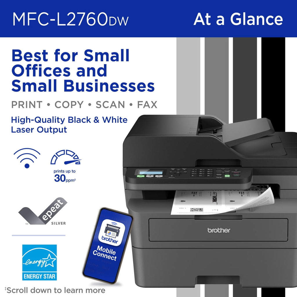 Brother Wireless MFC-L2760DW Compact Monochrome All-in-One Laser Printer with Copy. Scan and Fax. Duplex and Mobile Printing