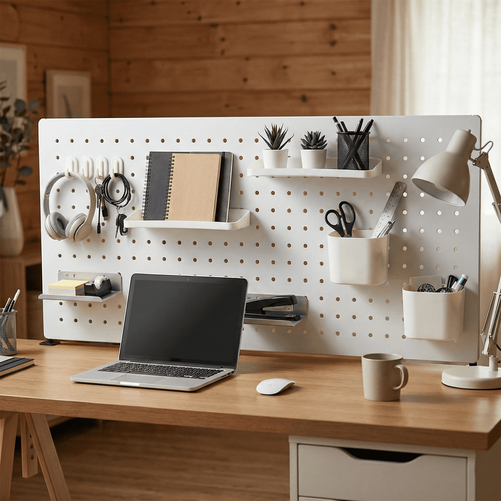 SEKAM Desk Pegboard Organizer Kit. 31.5. Clamp-On No-Drill Panel with Hooks. Shelves & Cups. White