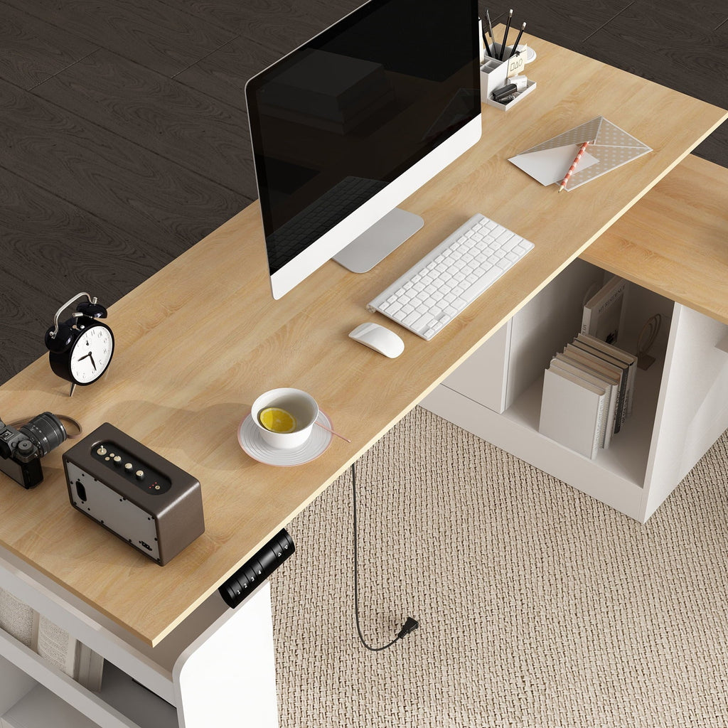 KULAGAGA Electric Standing Desk with Drawers and Shelves. Executive Adjustable Height Desk. L-Shaped Design. 63 inch Tabletop. for Office Deep Oak & White
