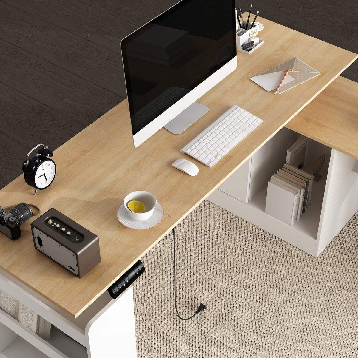 KULAGAGA Electric Standing Desk with Drawers and Shelves. Executive Adjustable Height Desk. L-Shaped Design. 63 inch Tabletop. for Office Deep Oak & White