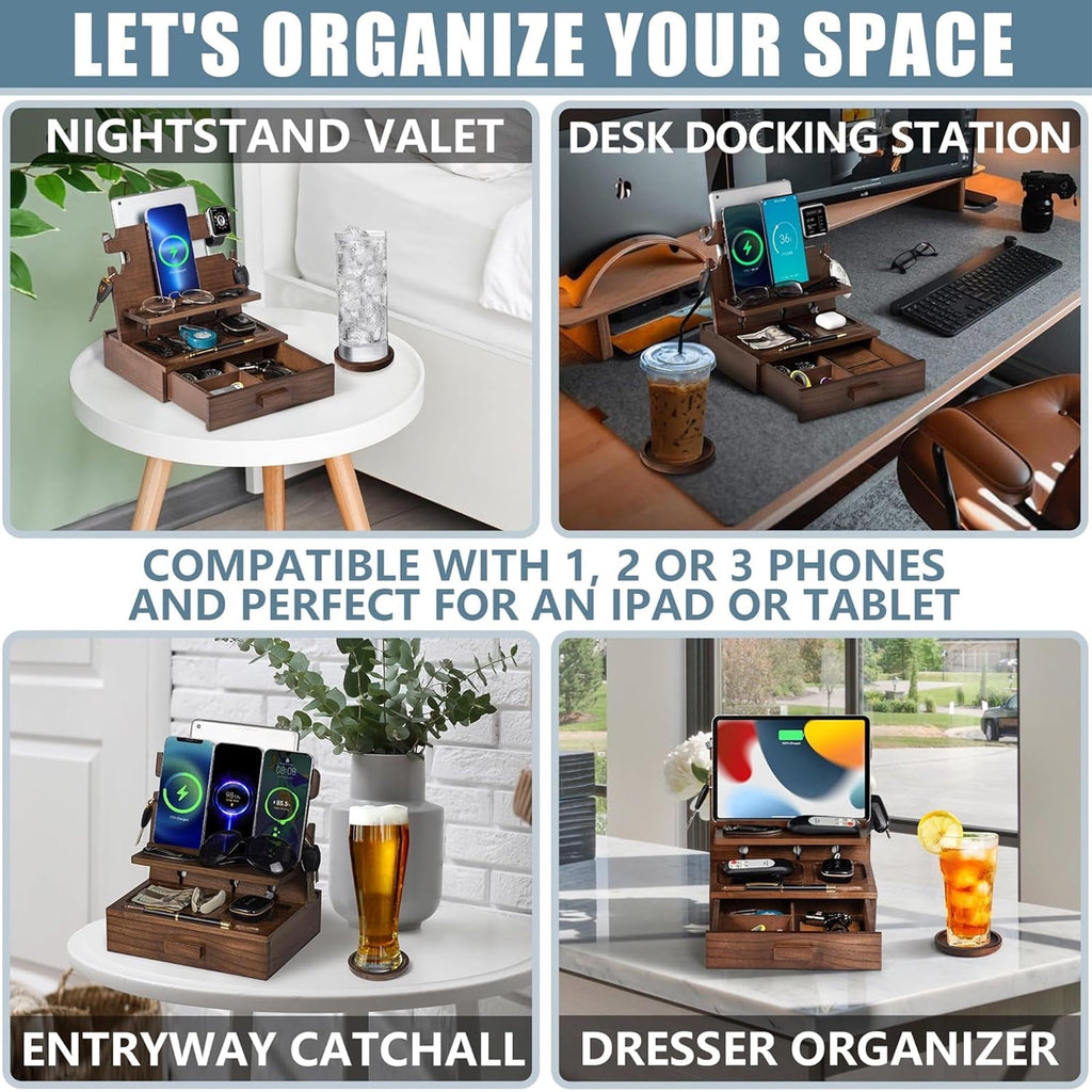 Petyoung Wood Phone Docking Station for up to 3 Phones. Nightstand Organizer with Drawer & Coaster