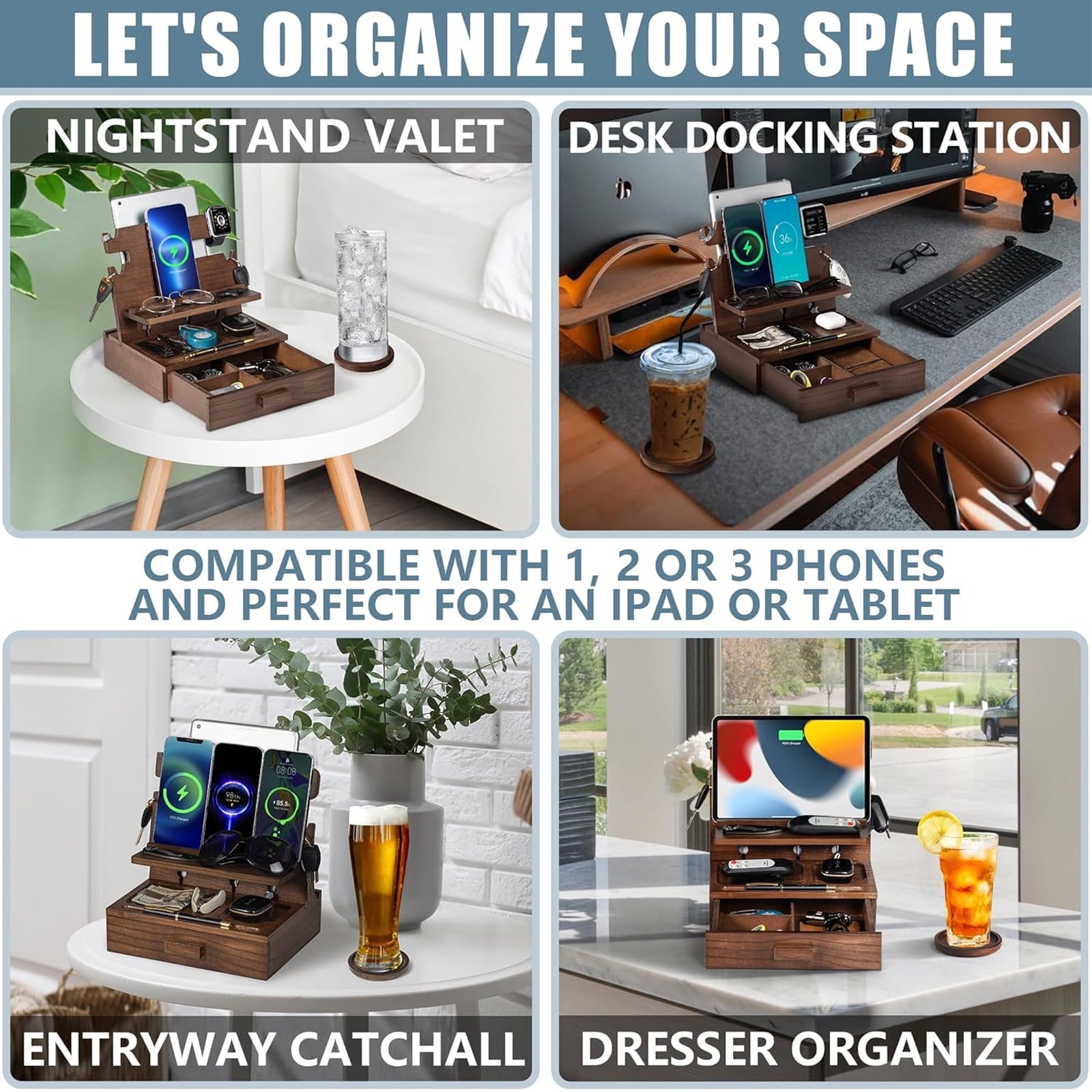 Petyoung Wood Phone Docking Station for up to 3 Phones. Nightstand Organizer with Drawer & Coaster
