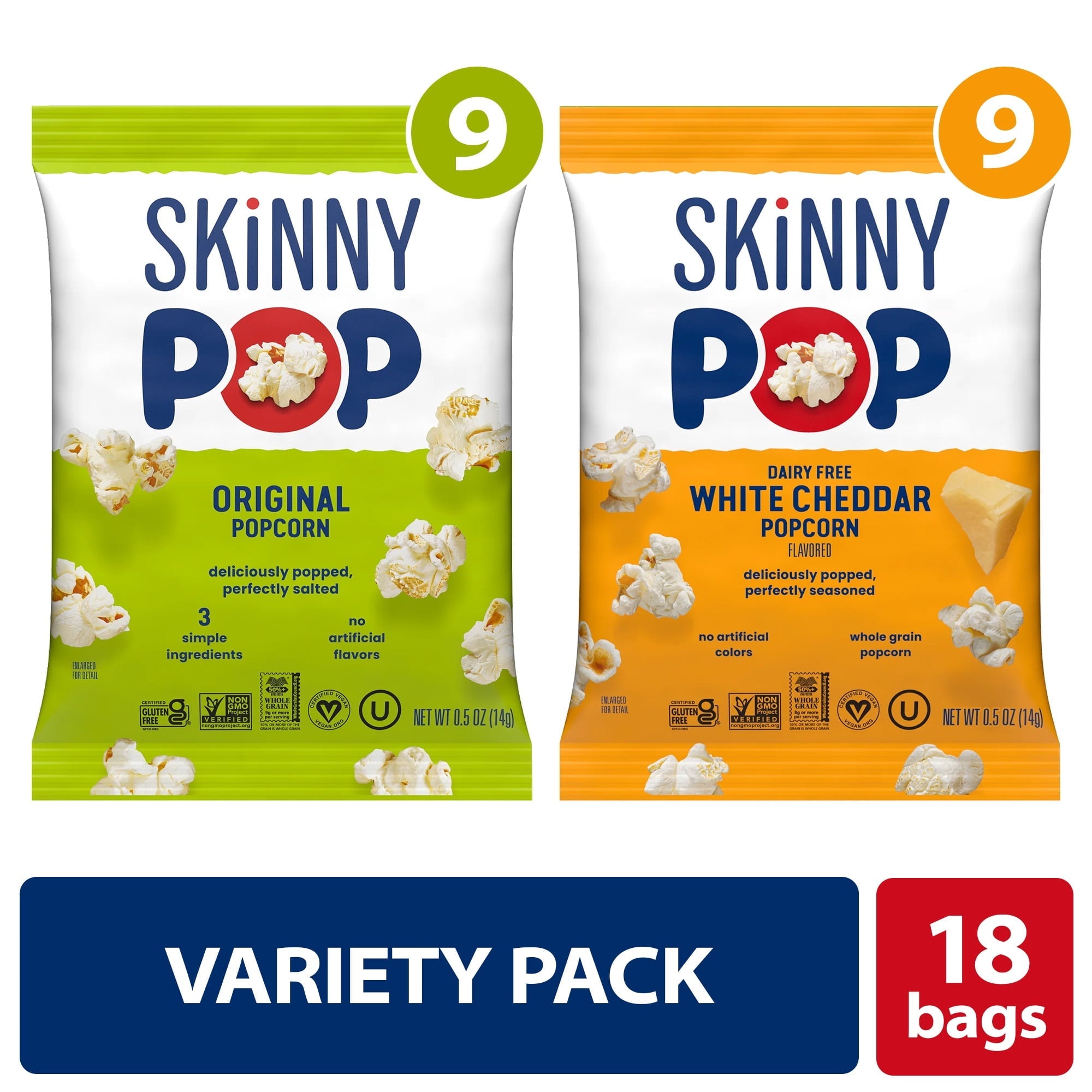 SkinnyPop Gluten-Free Original and Dairy-Free White Cheddar Popcorn Individual Snack Variety Pack. 0.5 oz Bag. 18 Count