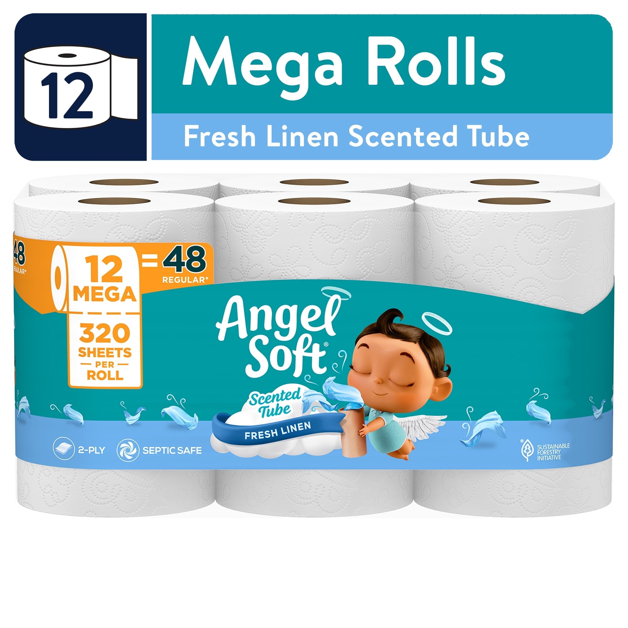 Angel Soft 2-Ply Toilet Paper. Fresh Linen Scented Tube. 12 Mega Rolls. 320 Sheets per Roll