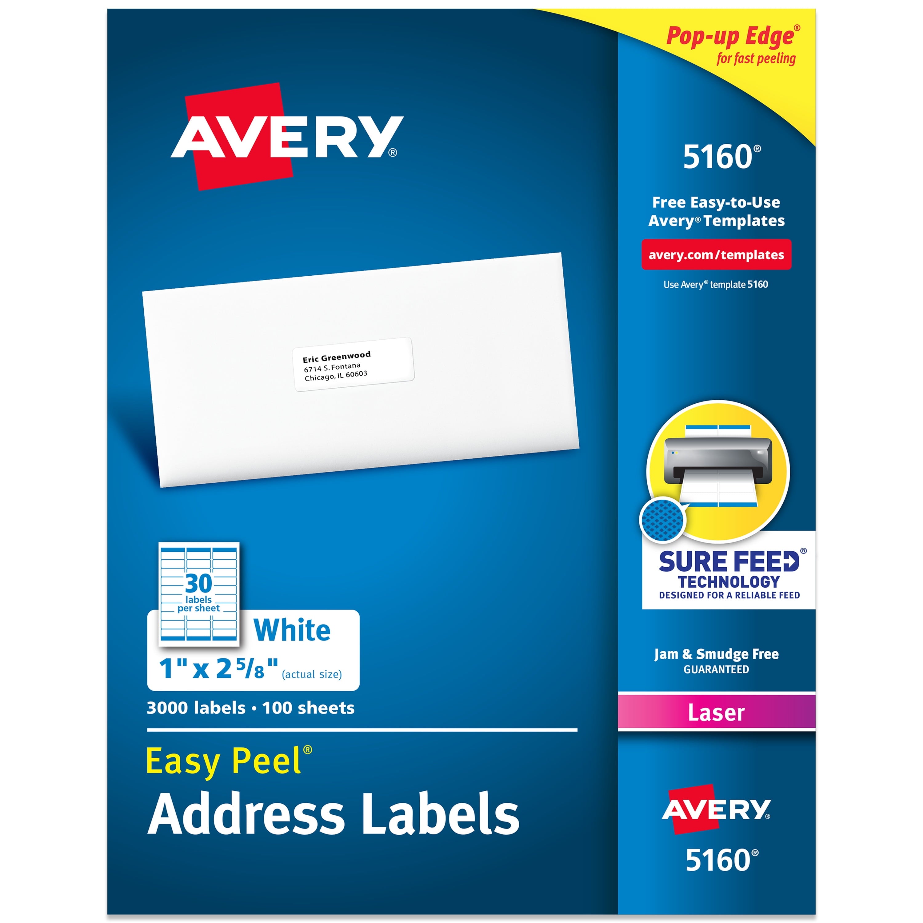 Avery Address Labels 5160. 1 x 2-5/8. Laser/Inkjet. White. 300-Pack