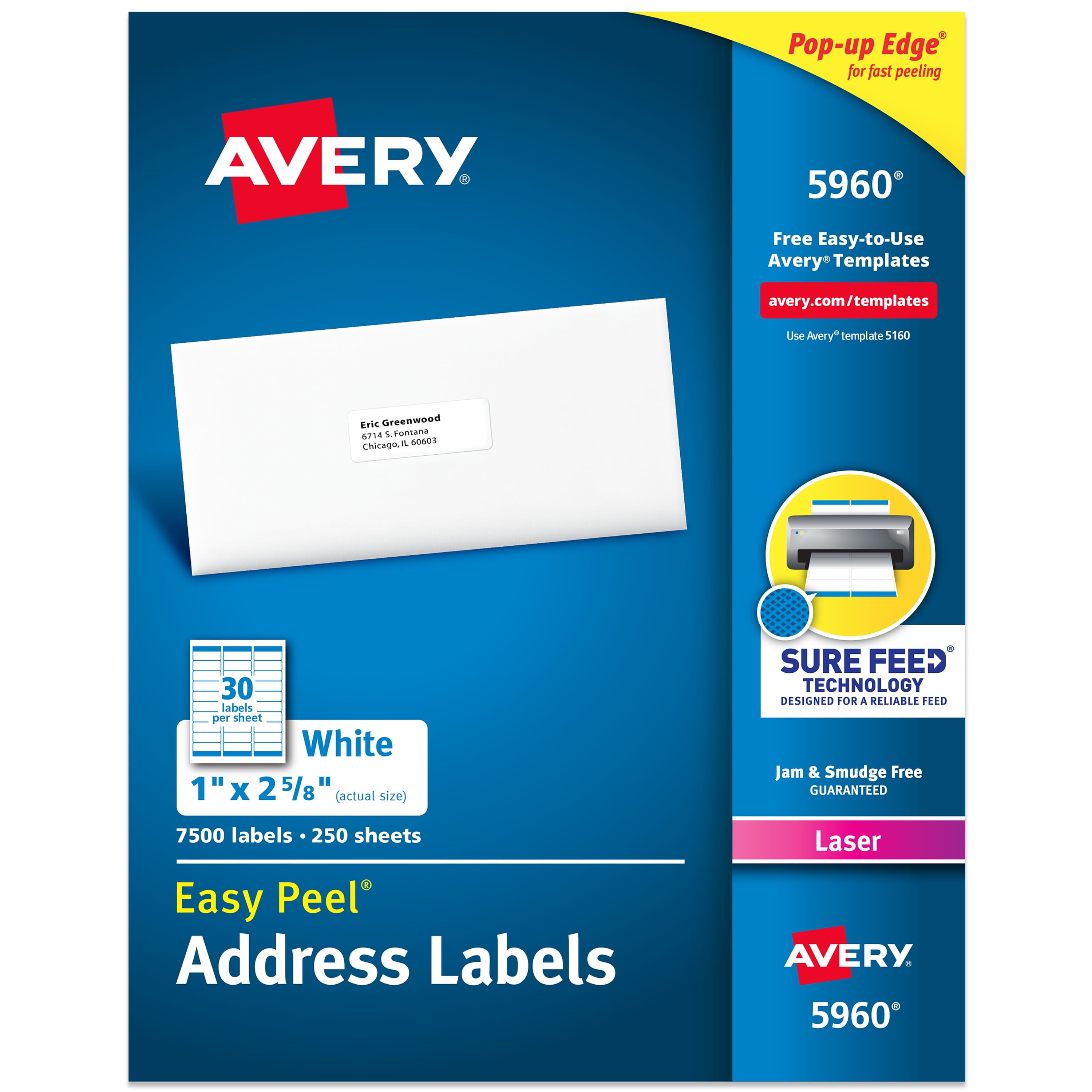 Avery Easy Peel  Address Labels. 1 x 2-5/8. White. 7.500 Labels (5960)