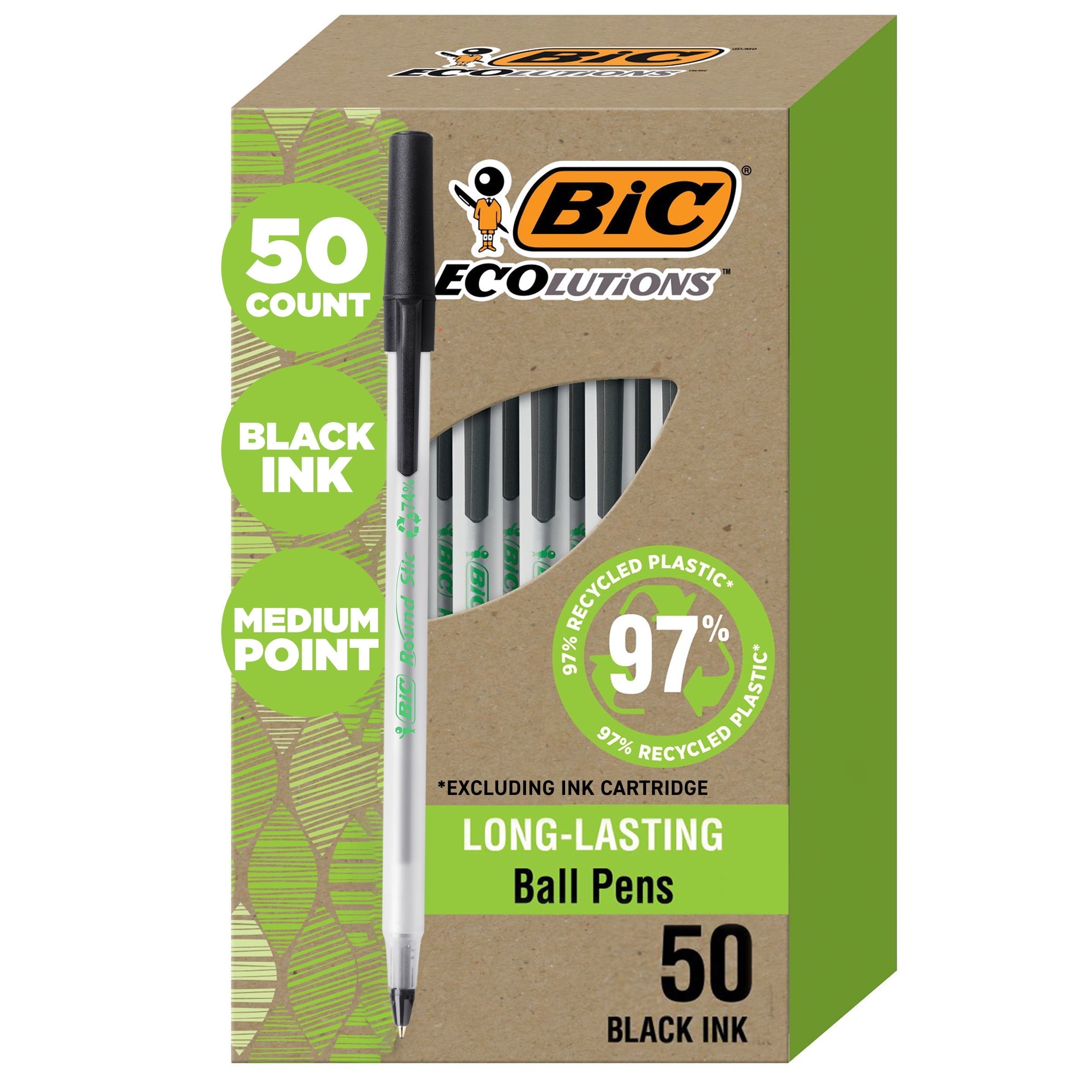 BIC Ecolutions Round Stic Ball Point Pen. Black. 1.0mm Medium Point. 50 Pack