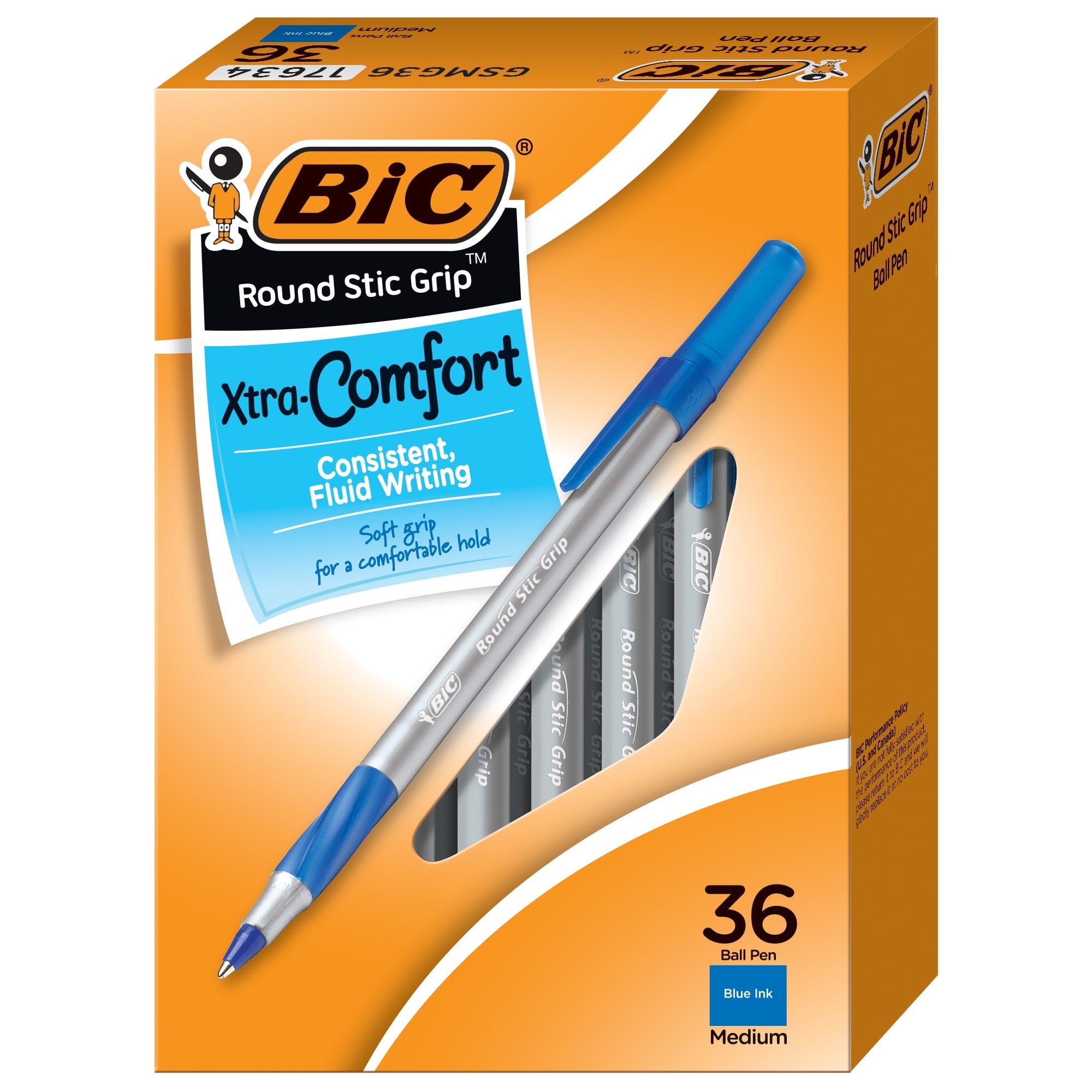 BIC Round Stic Grip Xtra Life Ball Pen. Medium Point (1.2mm). Blue. 36-Count
