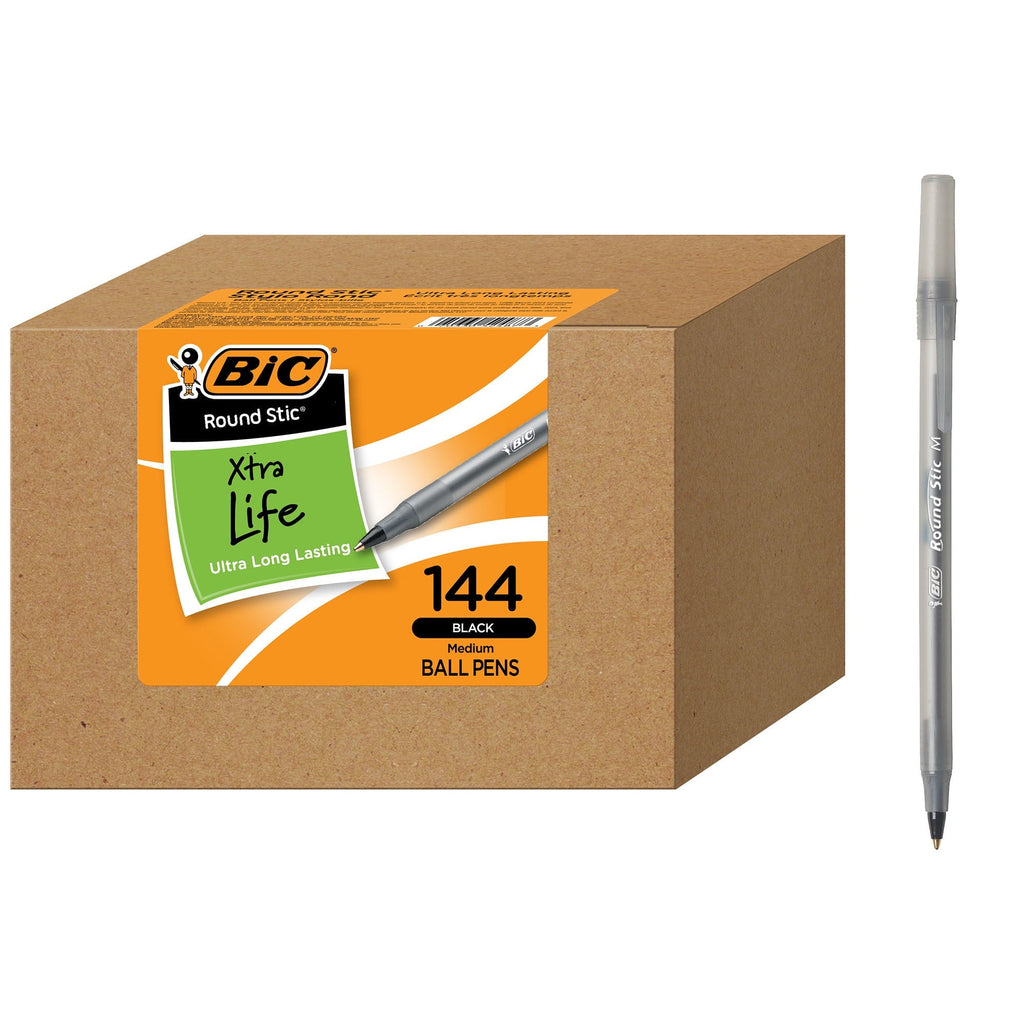 BIC Round Stic Xtra Life Ballpoint Pen. Medium Point. 1.0 mm. Black Ink. 144 Count
