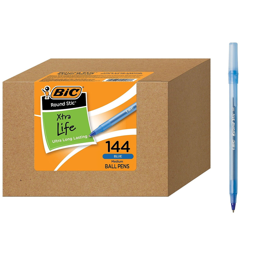 BIC Round Stic Xtra Life Ball Pen. Medium Point (1.0 mm). Blue. 144-Count