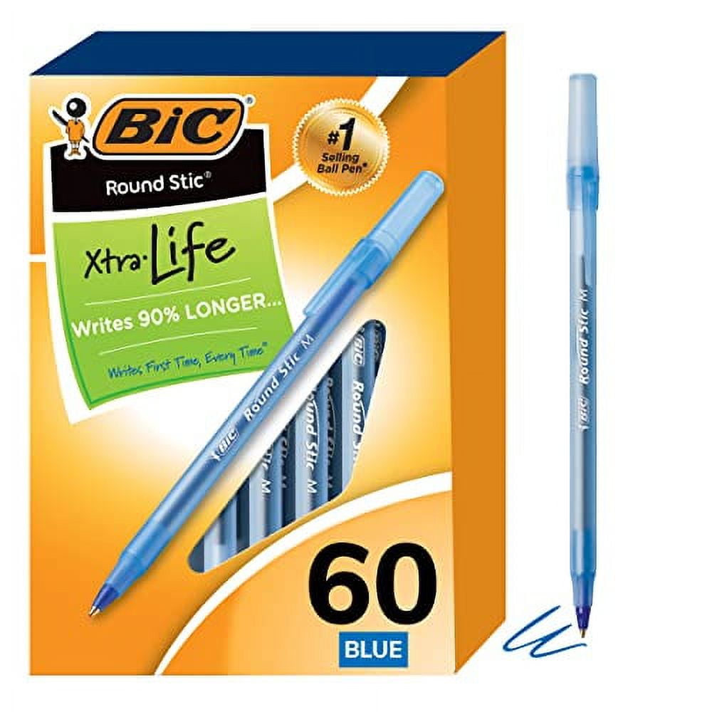 BIC Round Stic Xtra Life Ballpoint Pen. Medium Point (1.0mm). Blue. Flexible Round Barrel For Writing Comfort. 60-Count