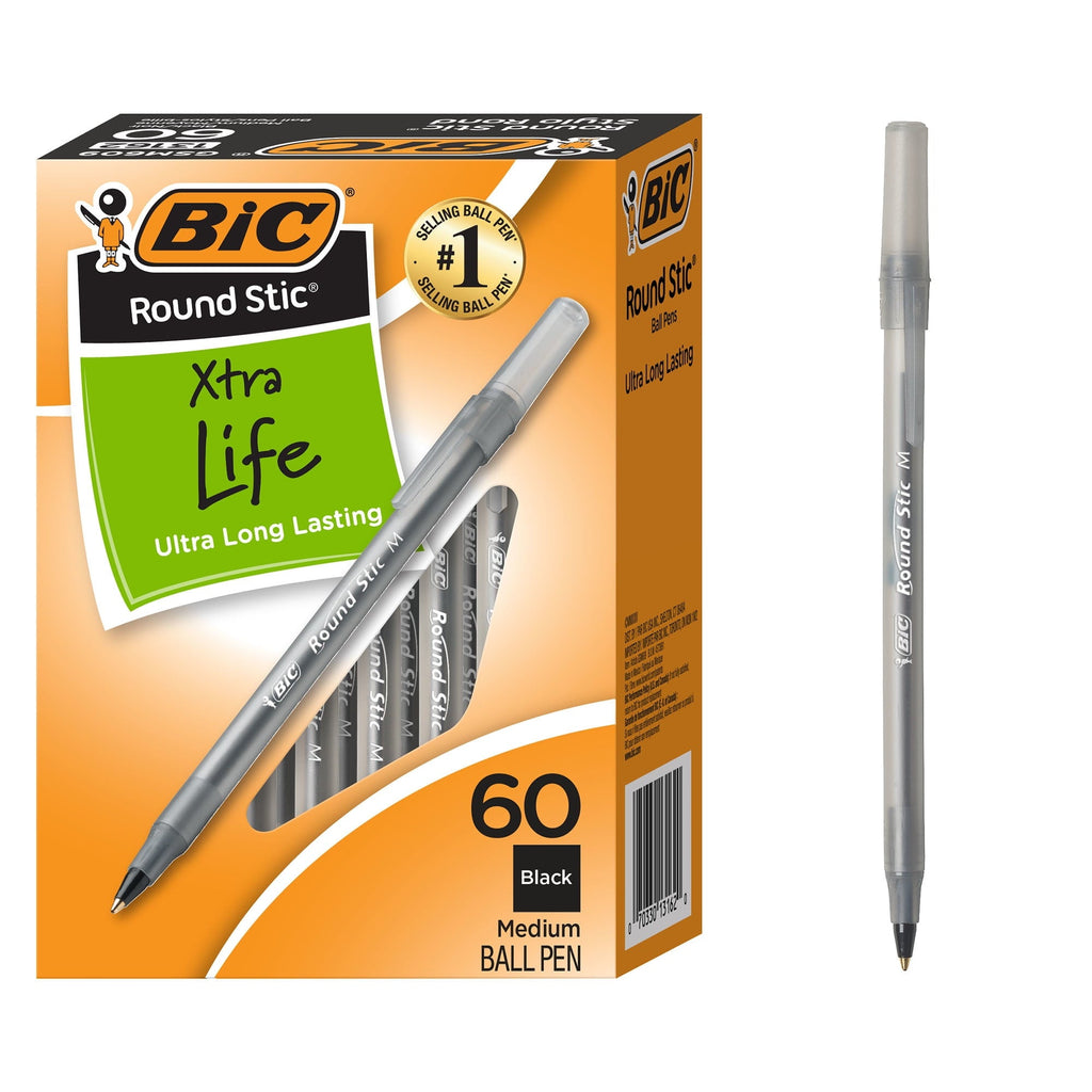 BIC Round Stic Xtra Life Ballpoint Pens. Medium. Black. 60-Count