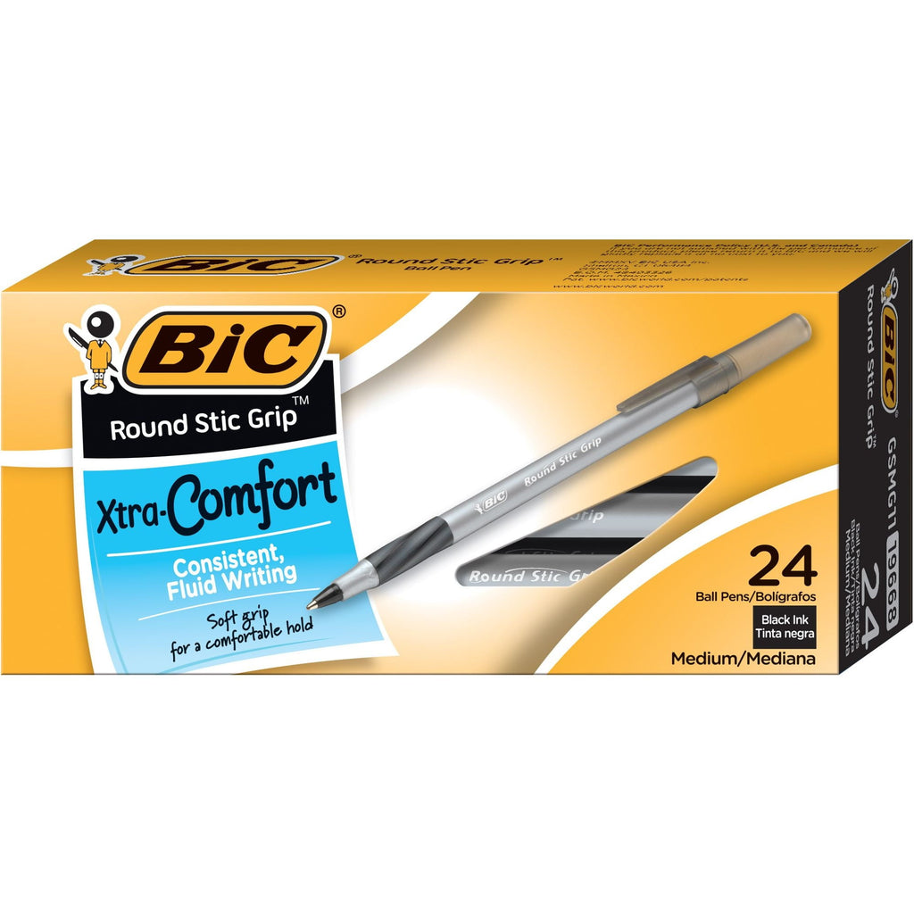 BIC Round Stic Xtra Comfort Ballpoint Pen. Bold Point. 1.2 mm. Black Ink. 24 Count