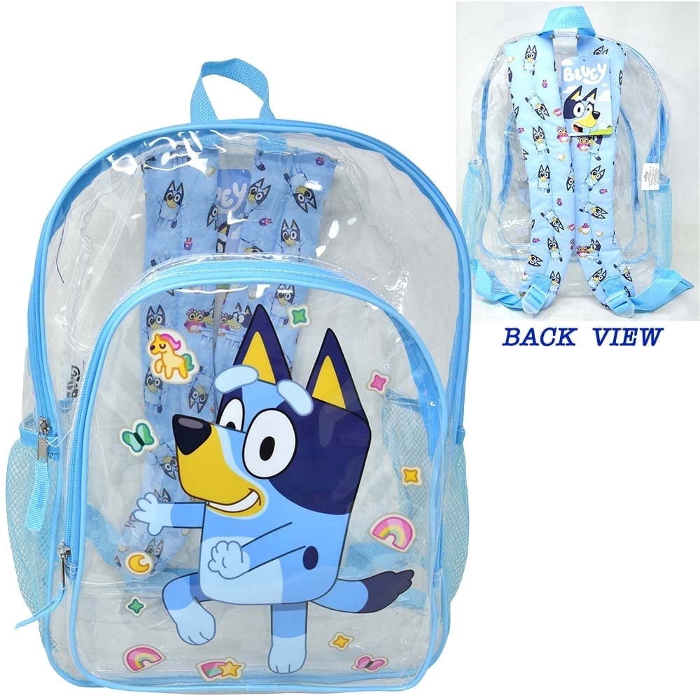 Bluey 16 Clear Backpack for Kids. Transparent Bag with Side Mesh Pockets