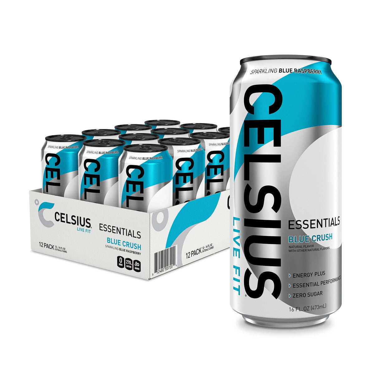 CELSIUS ESSENTIALS. Sparkling Blue Crush. Performance Energy Drink 16 fl oz (Pack of 12)