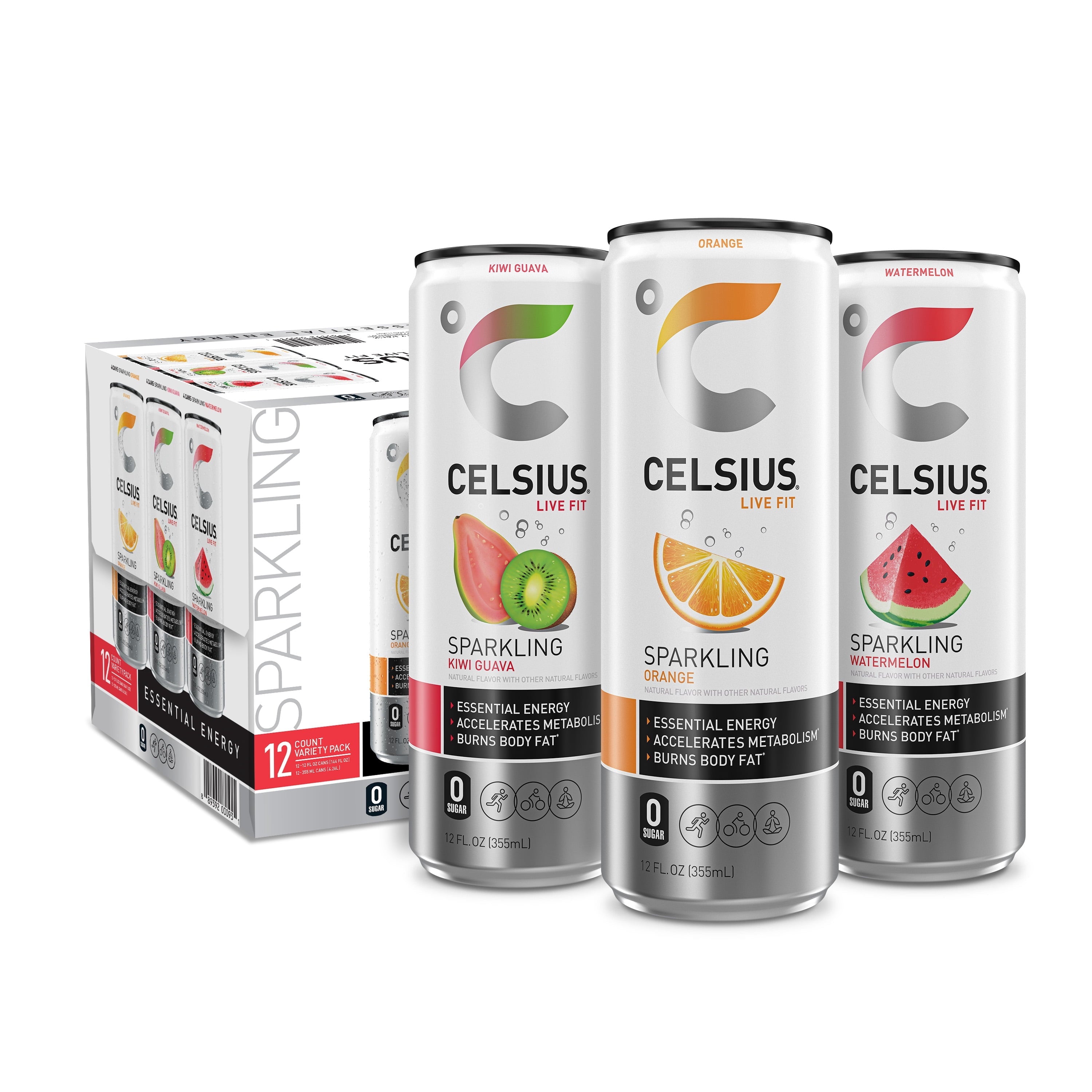 CELSIUS Sparkling Three Flavor. Zero Sugar Energy Drink (pack of 12)