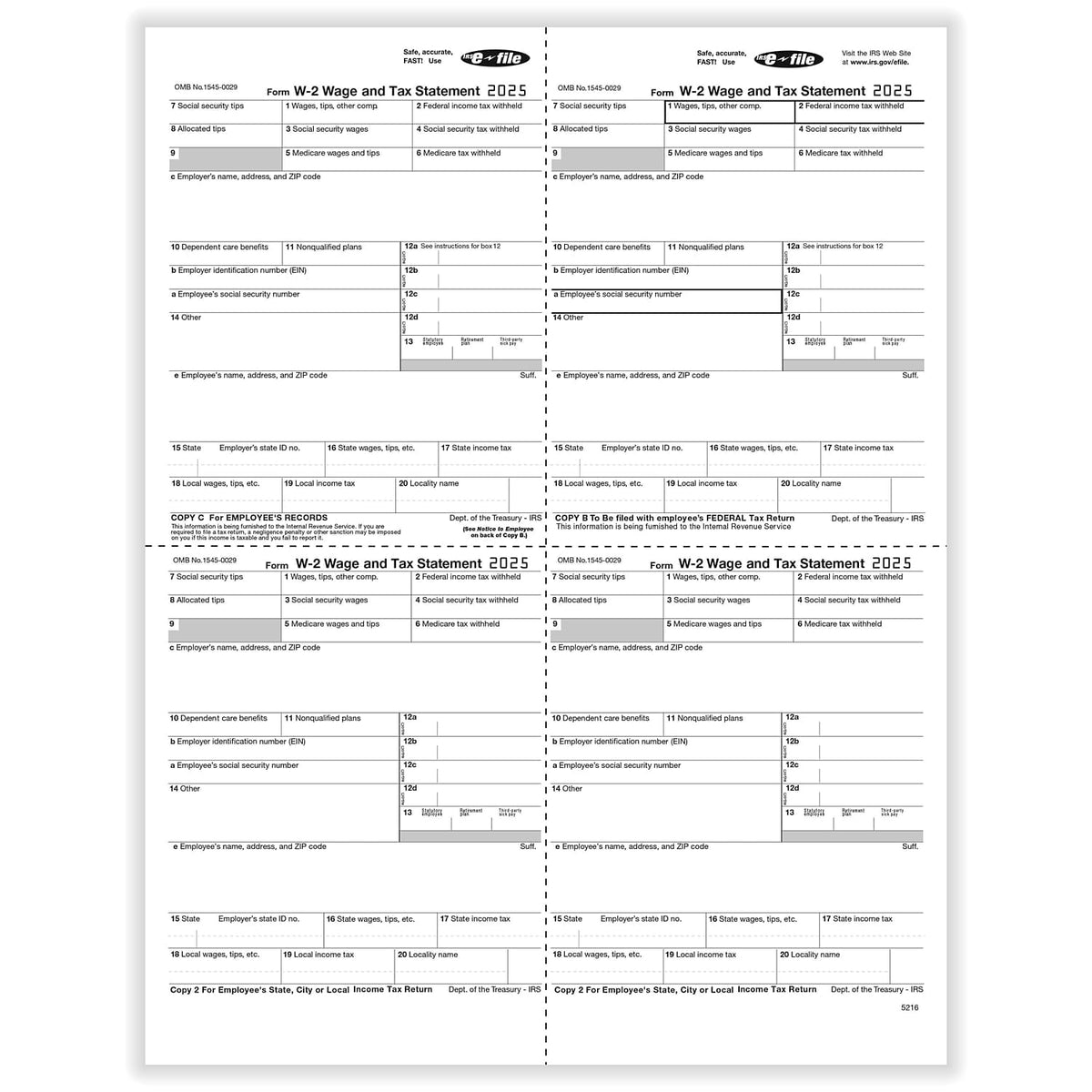 ComplyRight 2025 W-2 Tax Form 1-Part 4-Up 50/Pack (521650)