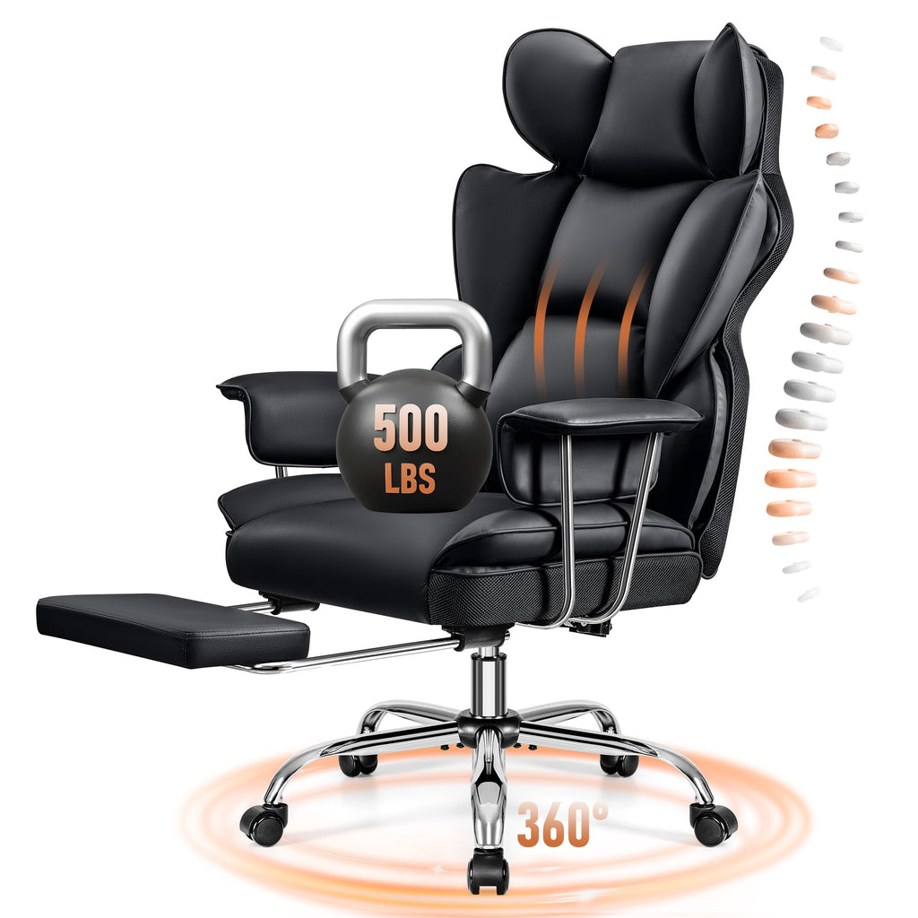 COOLHUT Big and Tall Office Chair 500LBS Wide Seat Ergonomic Computer Desk Chair. PU Leather Executive Office Chair with Footrest. Adjustable Task Chair Lumbar Back Support 8 Hour. Black