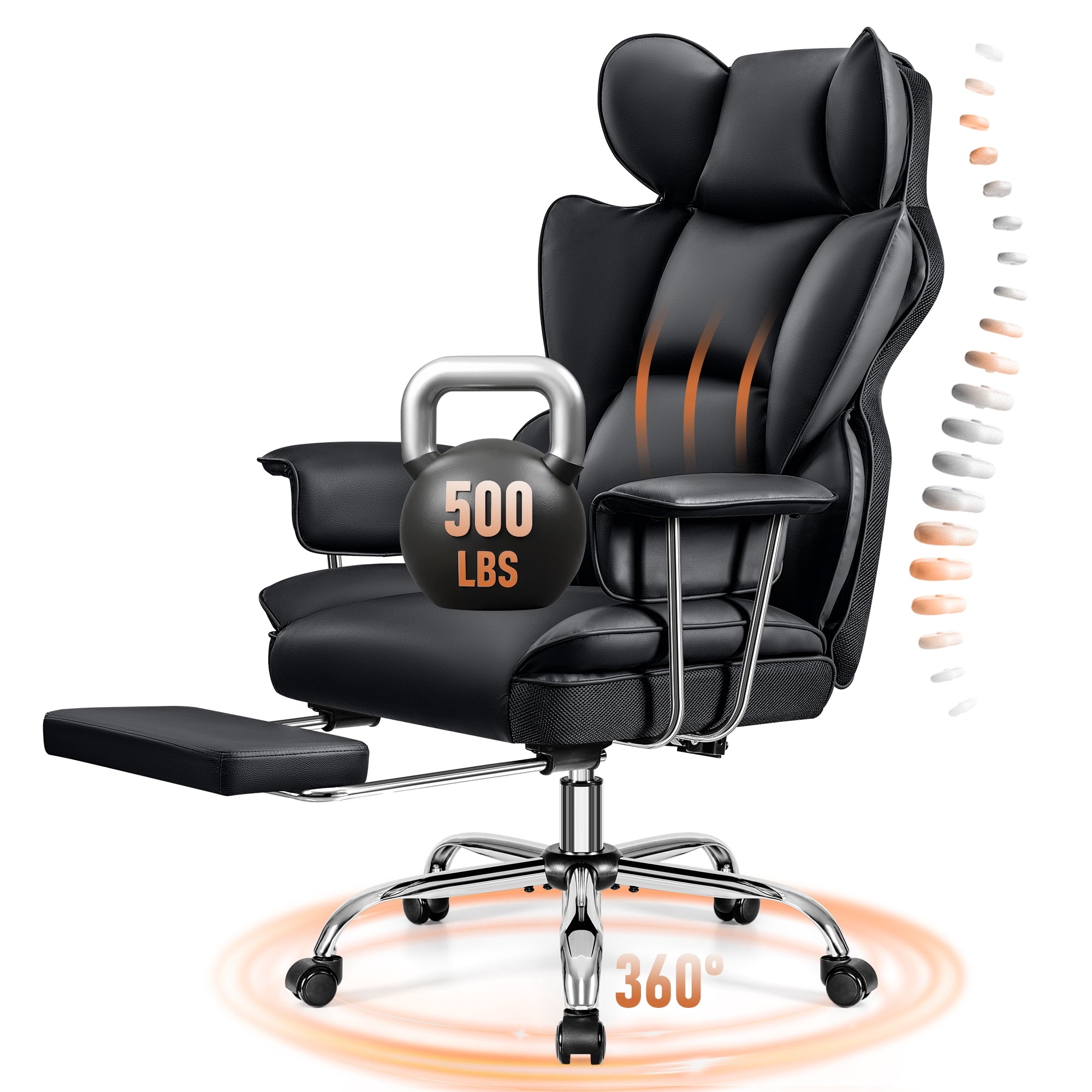 COOLHUT Big and Tall Office Chair 500LBS Wide Seat Ergonomic Computer Desk Chair. PU Leather Executive Office Chair with Footrest. Adjustable Task Chair Lumbar Back Support 8 Hour. Black