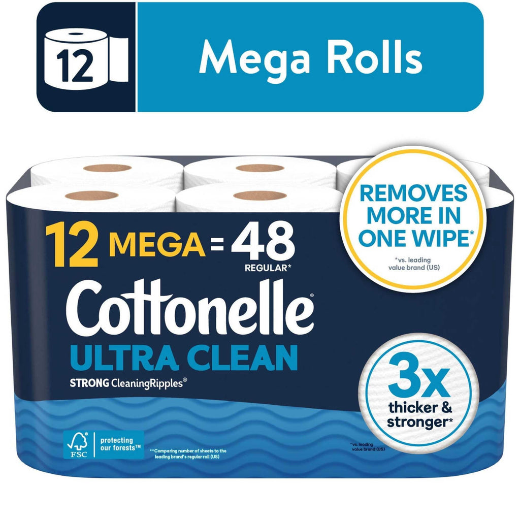 Cottonelle Ultra Clean Toilet Paper. Strong Tissue. 12 Mega Rolls