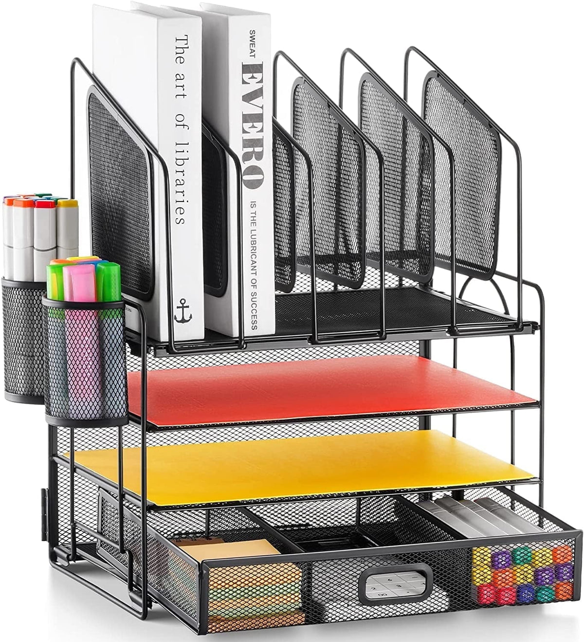 Marbrasse Mesh Desk Organizer with Drawer. 4-Tier File Holder