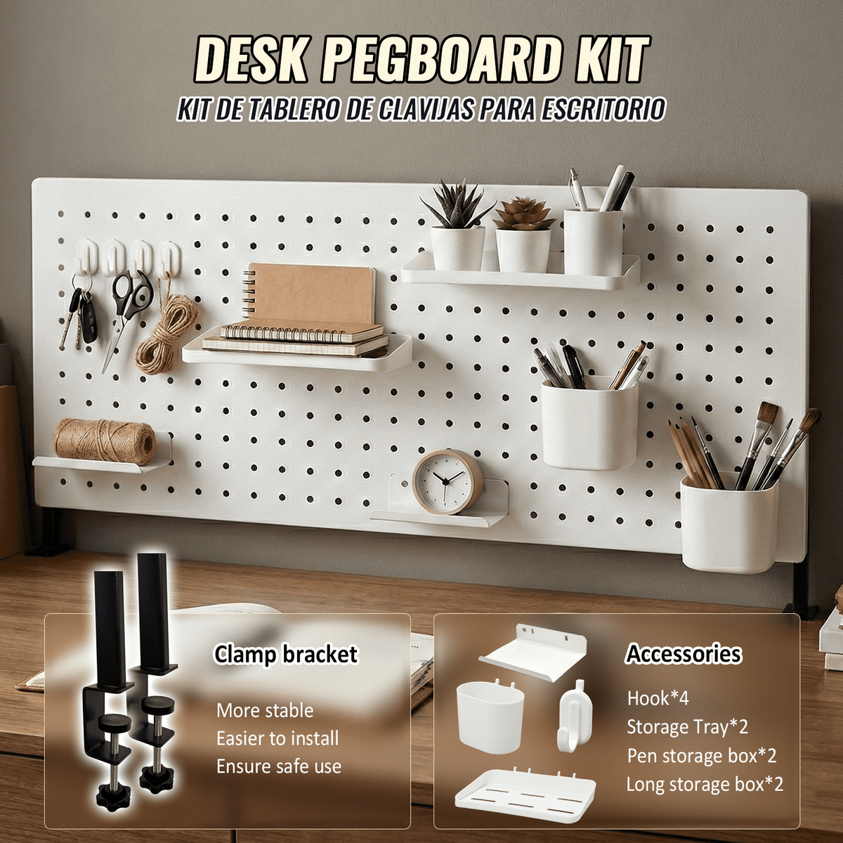 SEKAM Desk Pegboard Organizer Kit. 31.5. Clamp-On No-Drill Panel with Hooks. Shelves & Cups. White