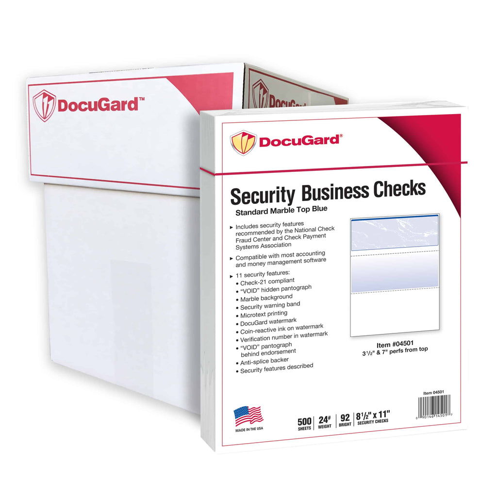 DocuGard Standard Marble Top Blue Security Checks. 8.5 x 11. 2500 Sheets (Carton 5x500)