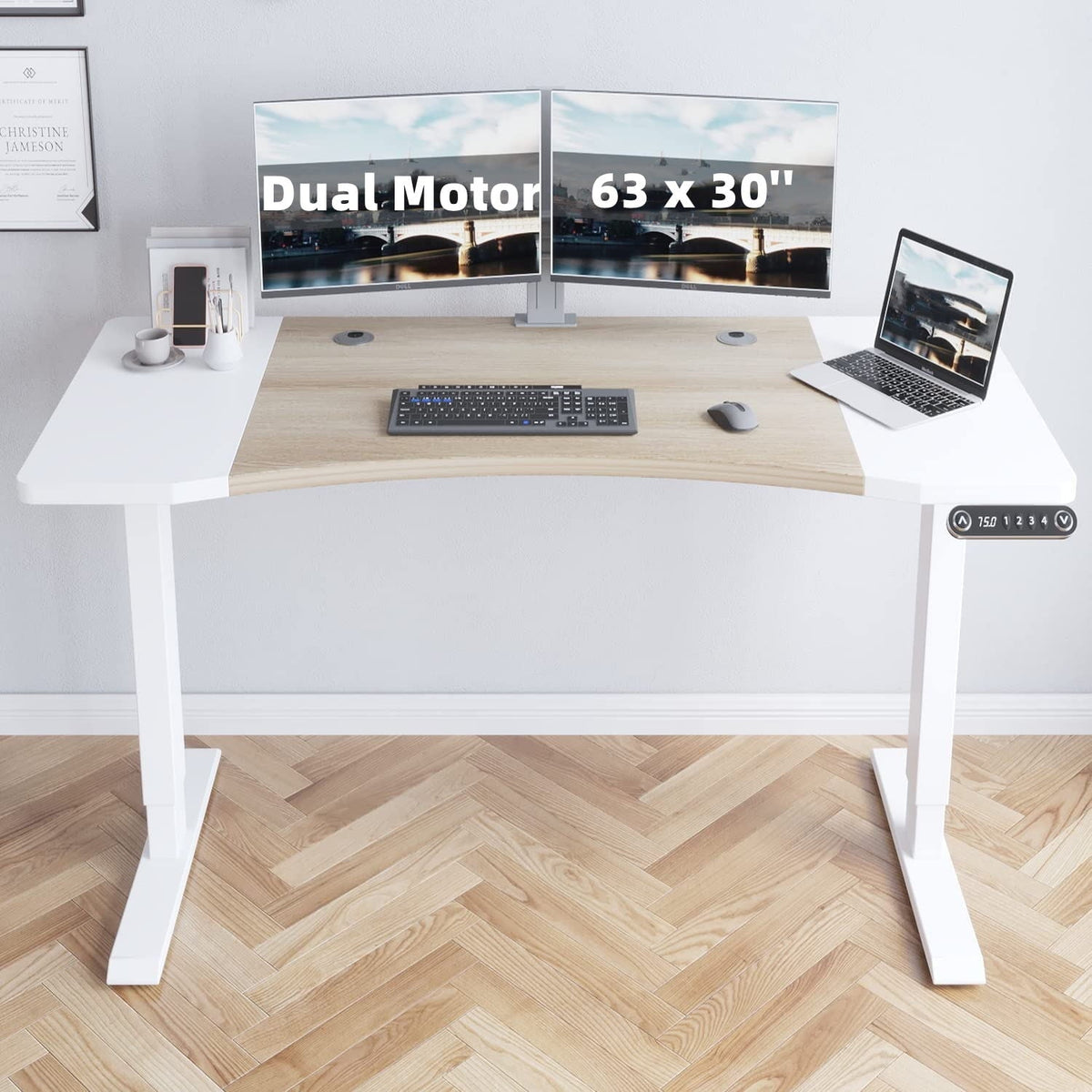 Dual Motor Height Adjustable Standing Desk 63 x 30''  Height Adjustable Computer Desk Sit Stand Desk Home Office Desks with Splice Board White Frame + White Top
