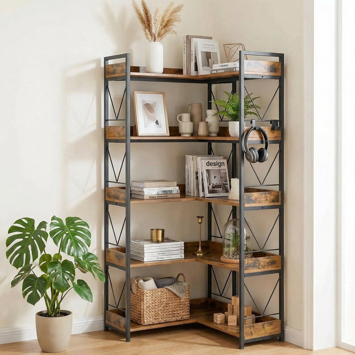 EDX 5-Tier Corner Shelf.  65'' L-Shaped Display Bookshelf . Industrial Wooden Bookcase with Metal Frame for Home . Office. Rustic Brown