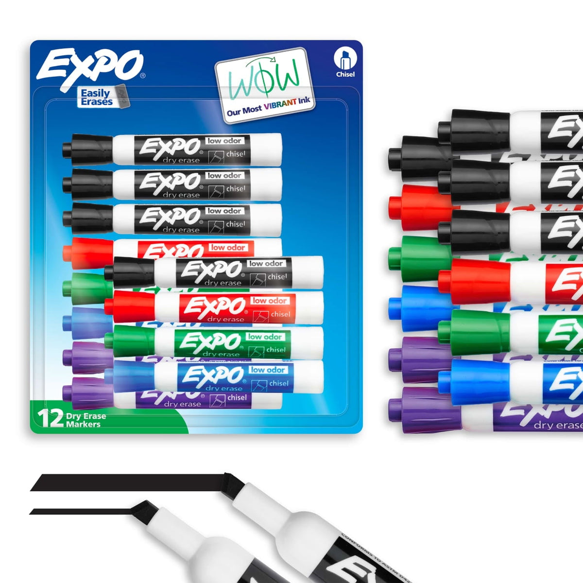 EXPO Low-Odor Dry Erase Markers. Chisel Tip. 12 Count