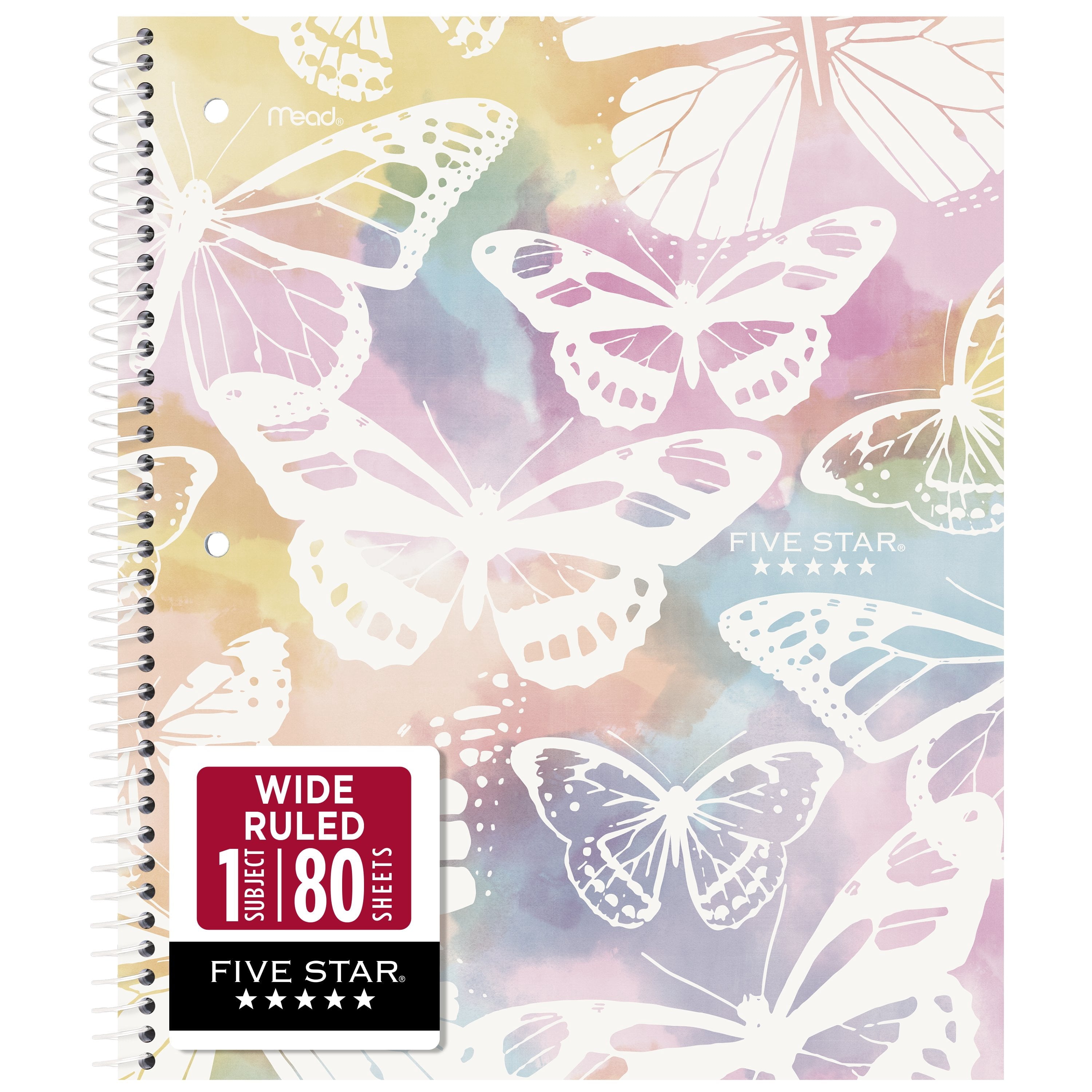 Five Star 1-Subject Wide Ruled Notebook Plus Study App. 8 x 10.5 in. Pastel Butterfly. 80 Sheets