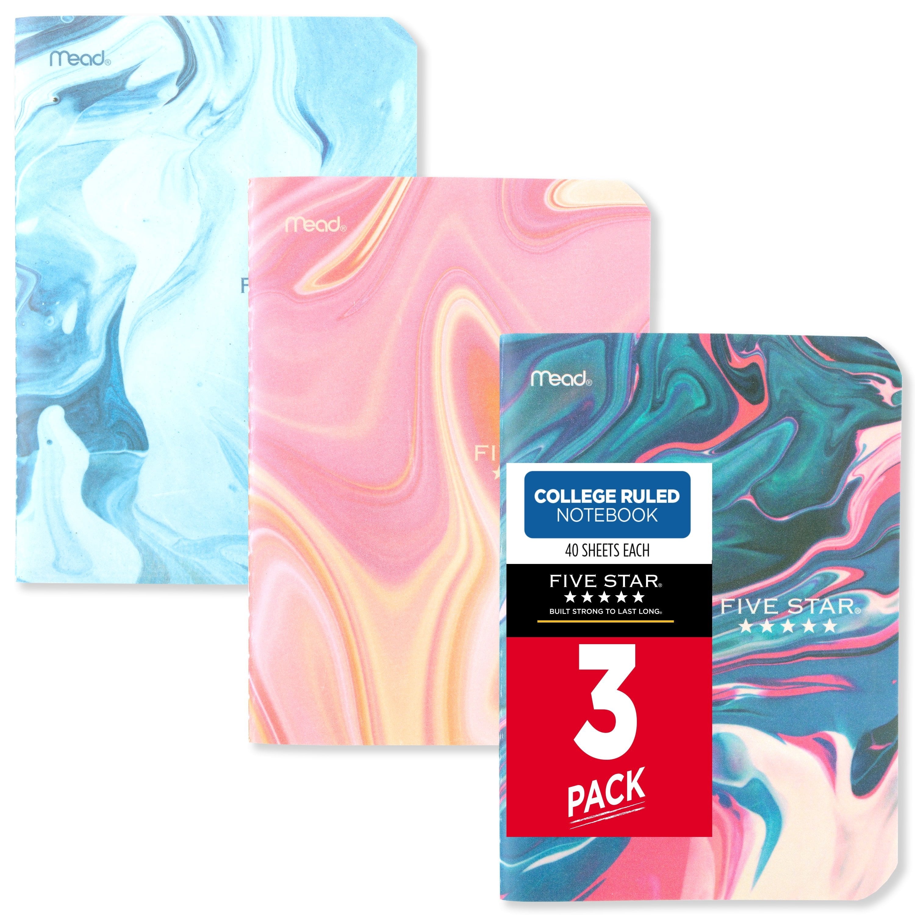 Five Star Fashion College Ruled Notebook. 5 x 7 in. 40 Sheets. 3-Pack