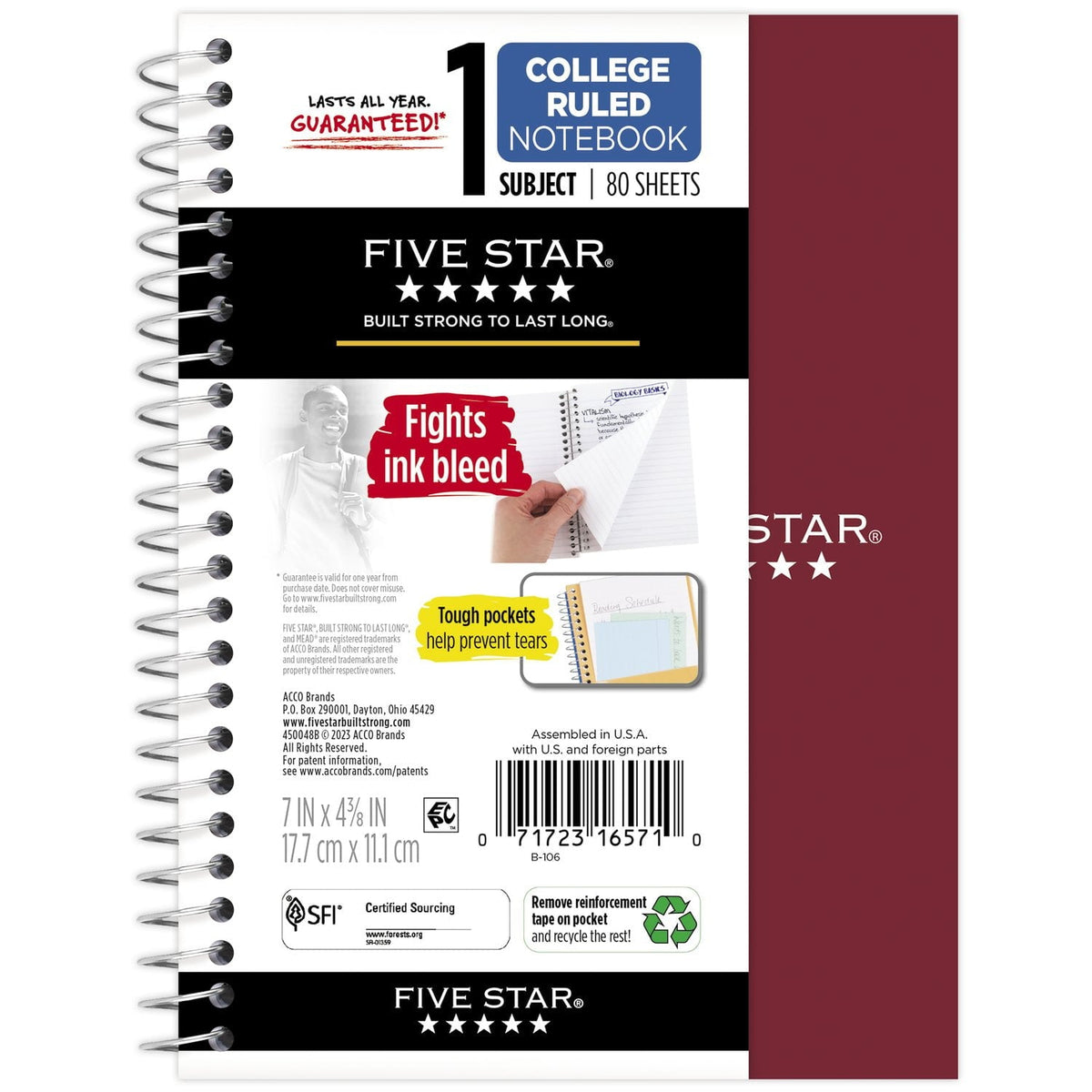 Five Star Personal College Ruled Notebook. 4.5 x 7 in. Burgundy Red. 80 Sheets