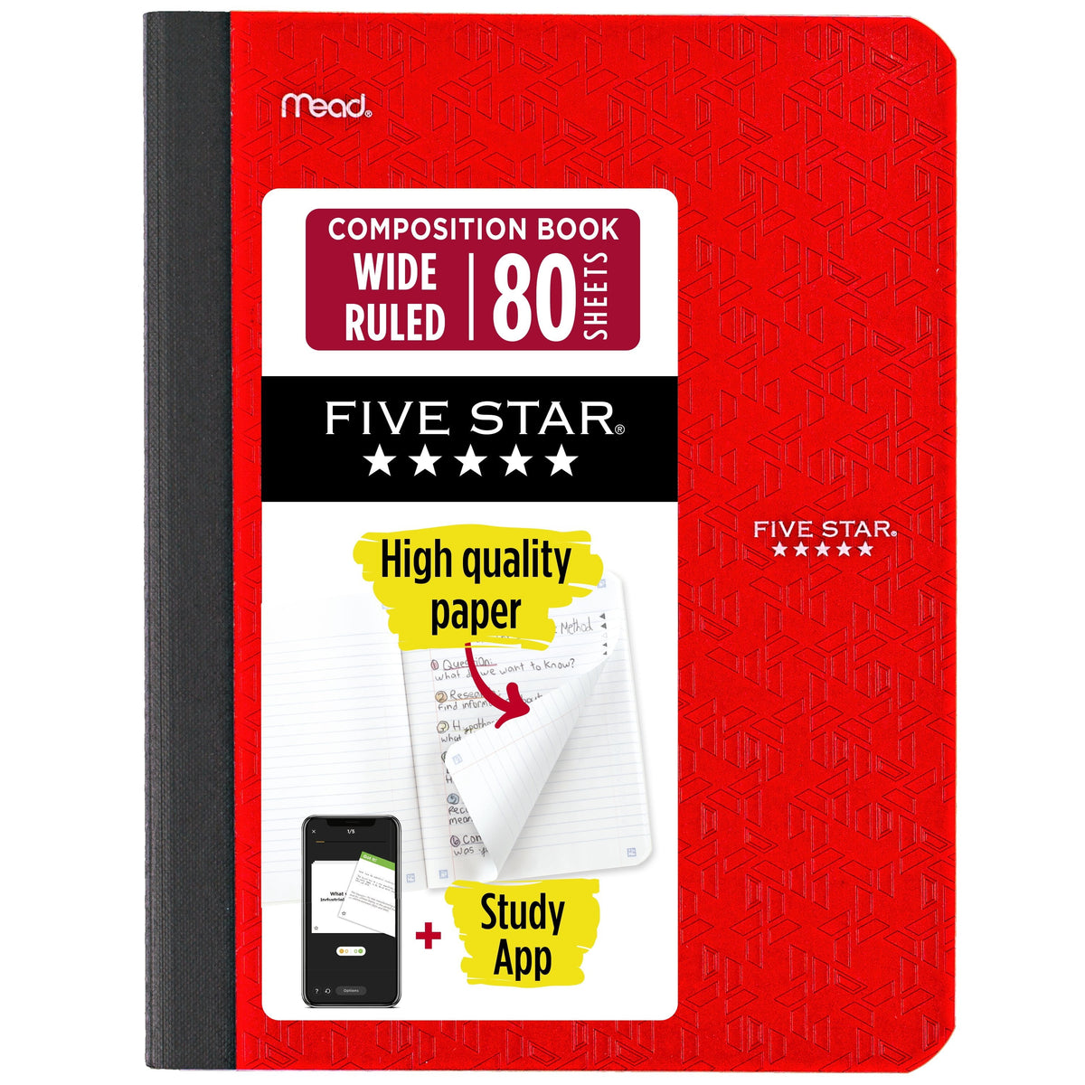 Five Star Composition Book Plus Study App. Wide Ruled. 7.5 x 9.75 in. Fire Red. 80 Sheets