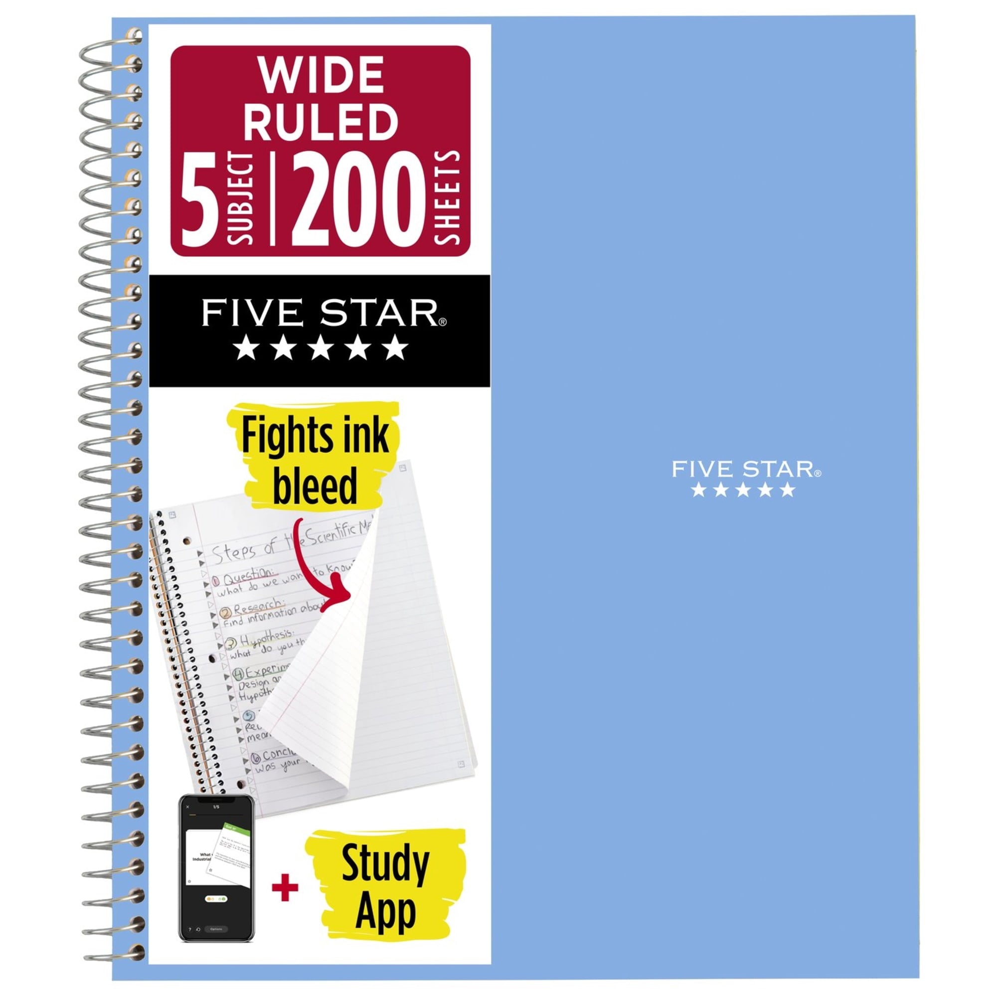 Five Star Spiral Notebook Plus Study App. 5 Subject. Wide Ruled. 8 x 10.5 in. Sky Blue