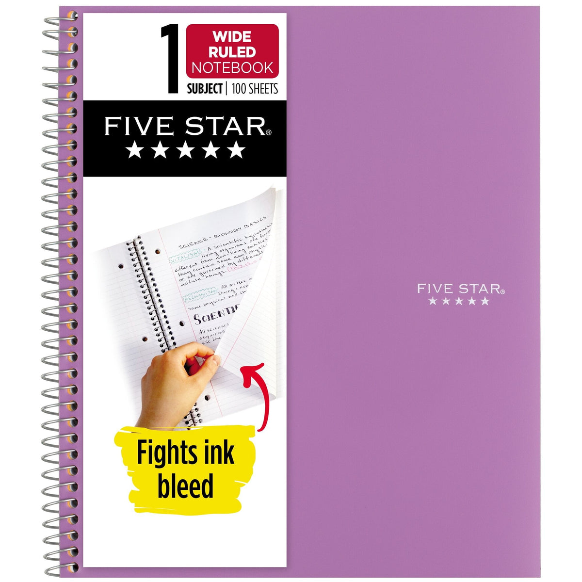 Five Star Spiral Notebook Plus Study App. 1-Subject. Wide Ruled. 8 x 10.5 in. Amethyst