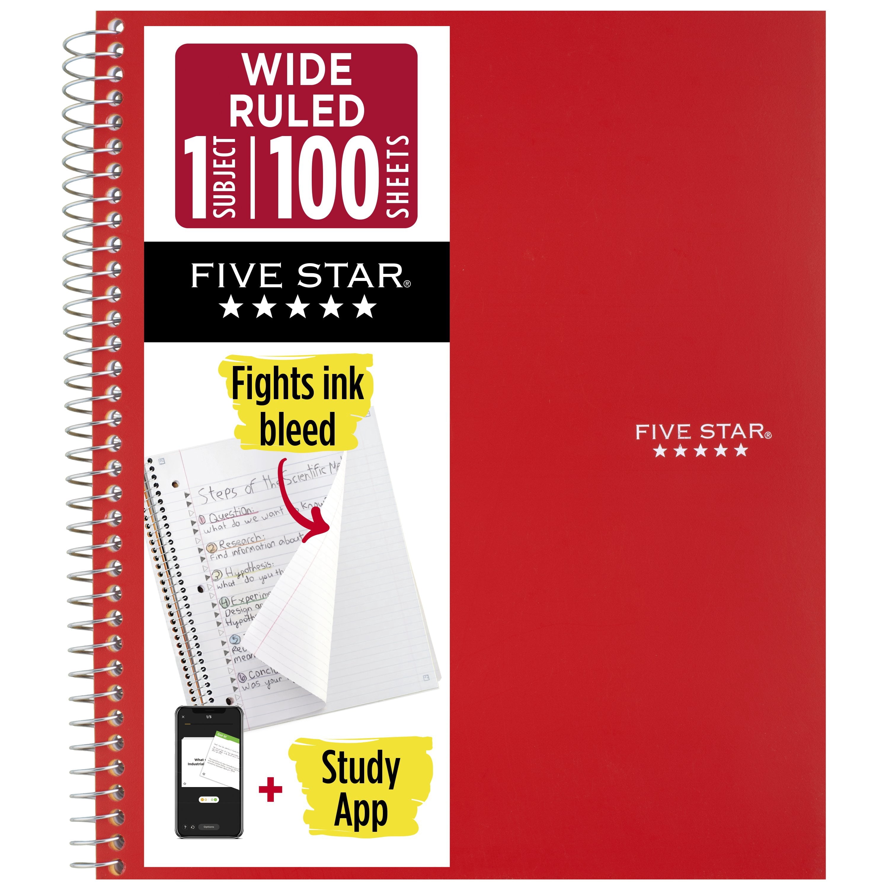 Five Star 1-Subject Wide Ruled Notebook Plus Study App. 8 x 10.5 in. Fire Red. 100 Sheets