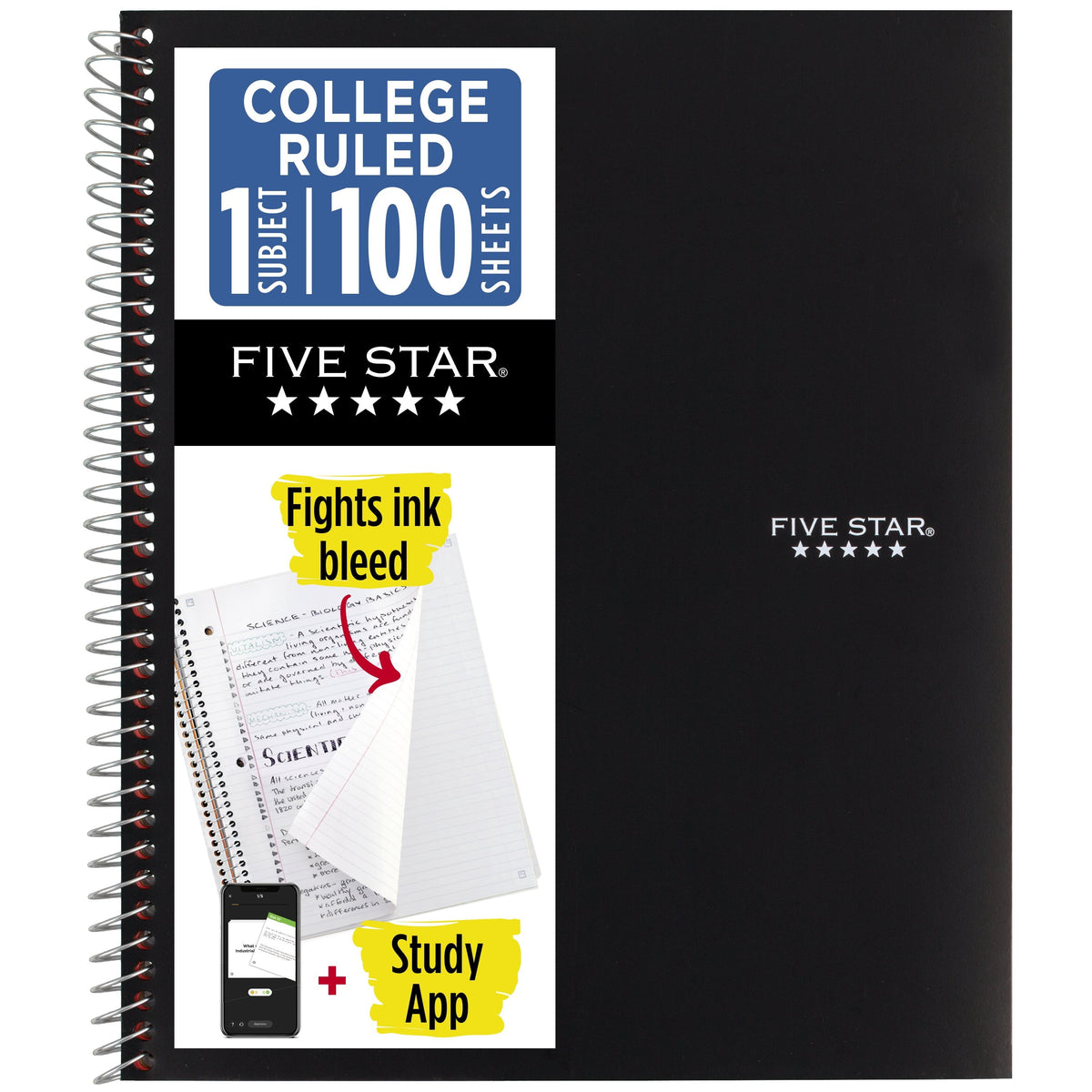Five Star 1-Subject College Ruled Notebook Plus Study App. 8.5 x 11 in. Black. 100 Sheets