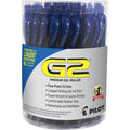 Pilot G2 Retractable Gel Pen. Fine Point. 0.7mm. Clear Barrels. Blue Ink. Tub Of 36 Pens