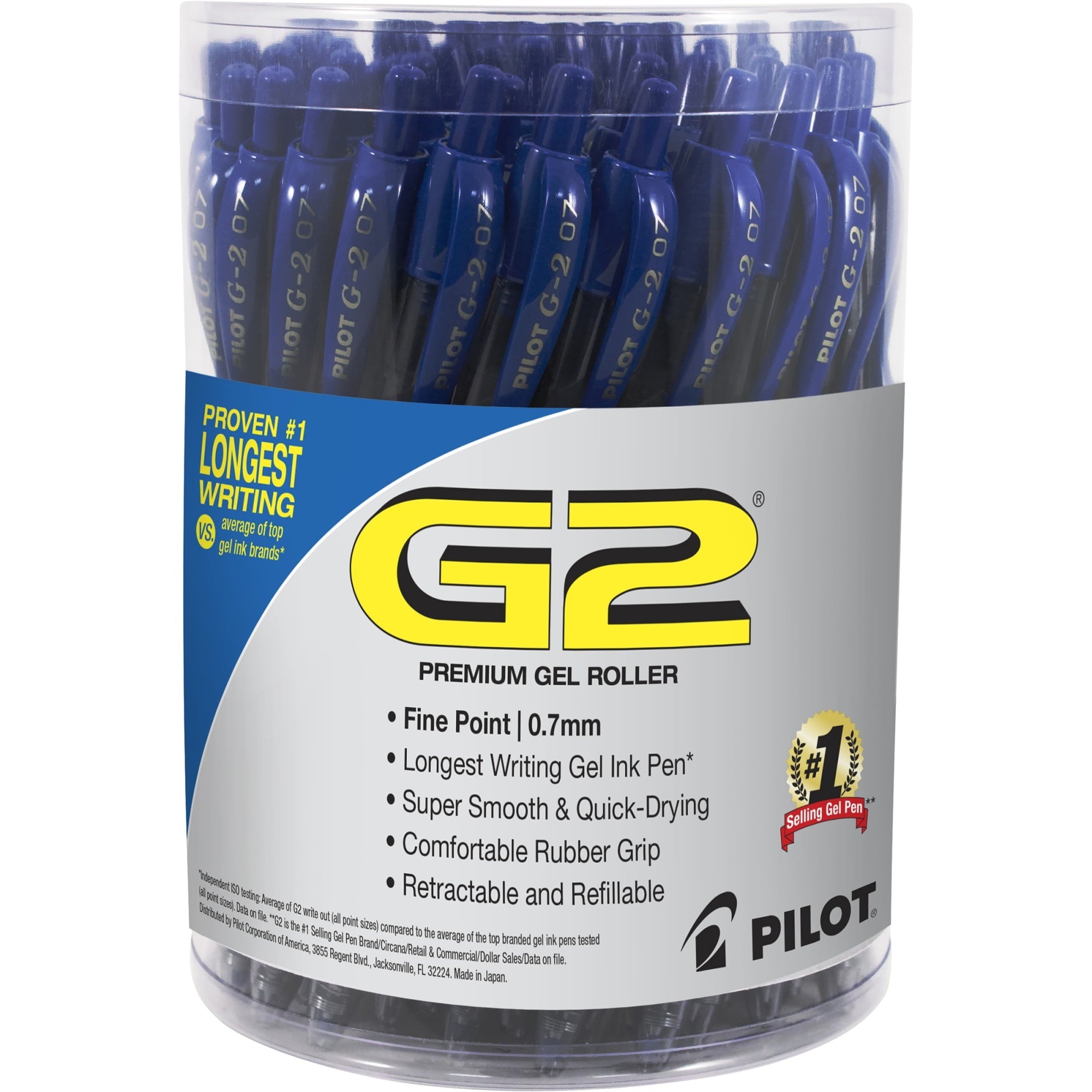 Pilot G2 Retractable Gel Pen. Fine Point. 0.7mm. Clear Barrels. Blue Ink. Tub Of 36 Pens