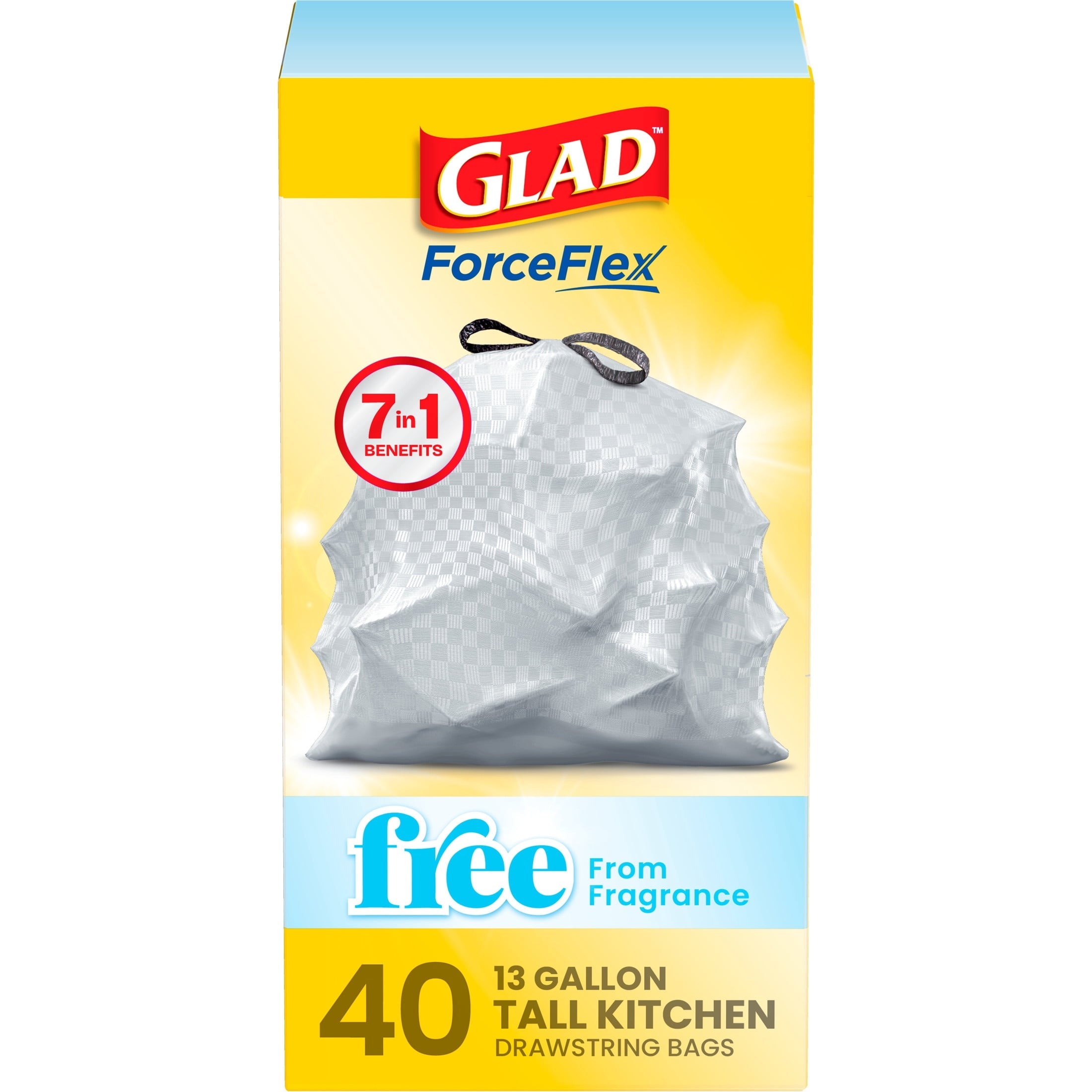 Glad ForceFlex Tall Kitchen Drawstring Trash Bags. 13 Gallon. 40-Count
