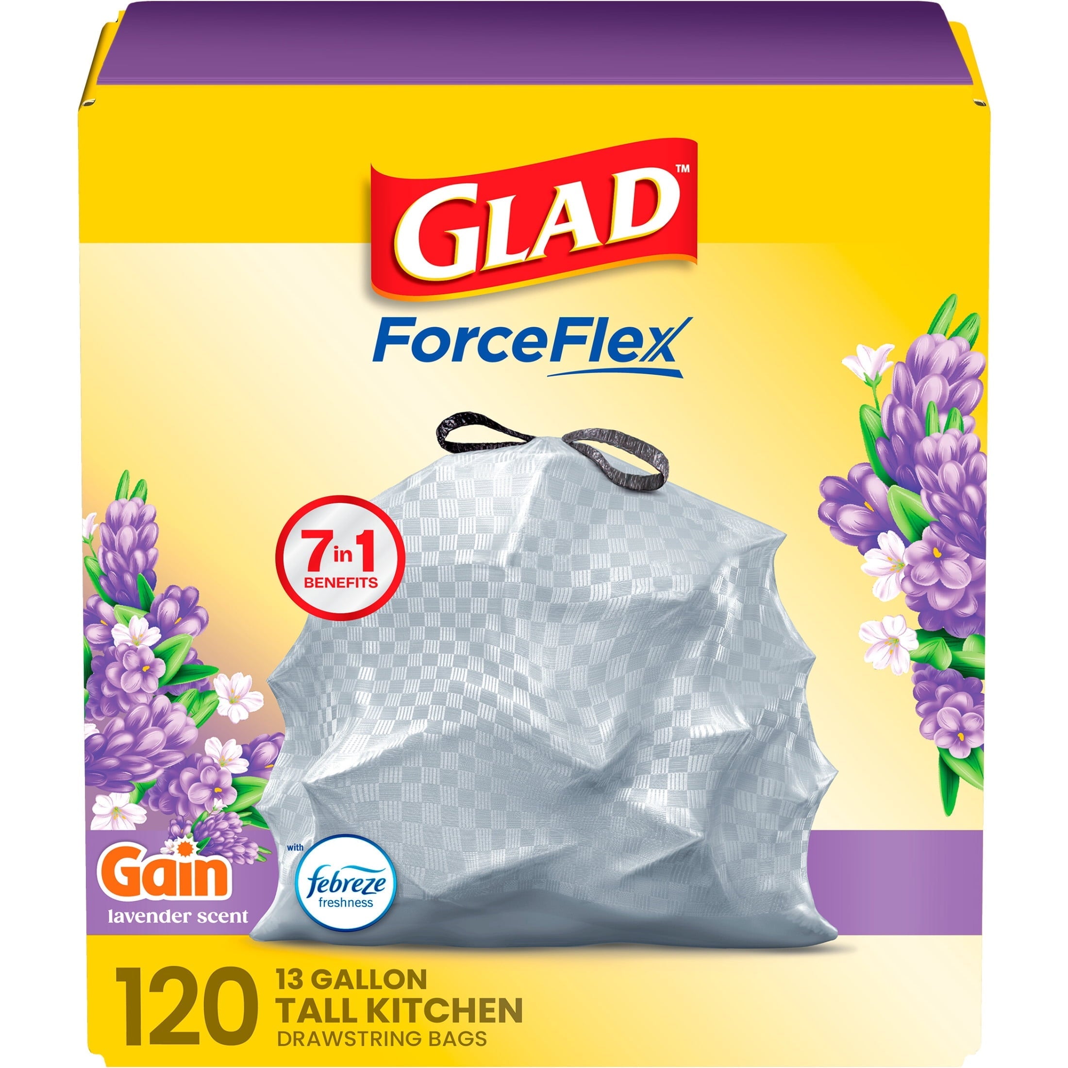 Glad ForceFlex Tall Kitchen Drawstring Trash Bags. 13 Gallon. Gain Lavender with Febreze Freshness. 120 Count
