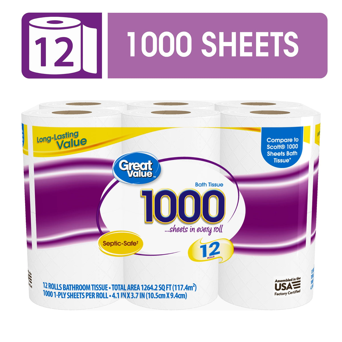 Great Value 1000 Sheets per Roll Toilet Paper. 12 Rolls