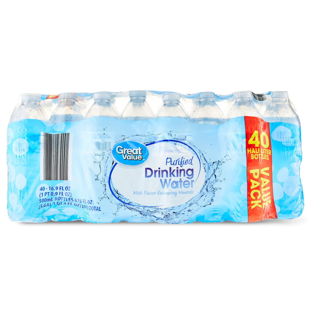 Great Value Purified Drinking Water. 16.9 fl oz Bottles. 40 Count Pack