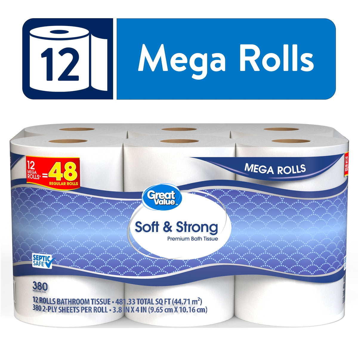 Great Value Soft & Strong Premium Toilet Paper. 12 Mega Rolls. 380 Sheets per Roll
