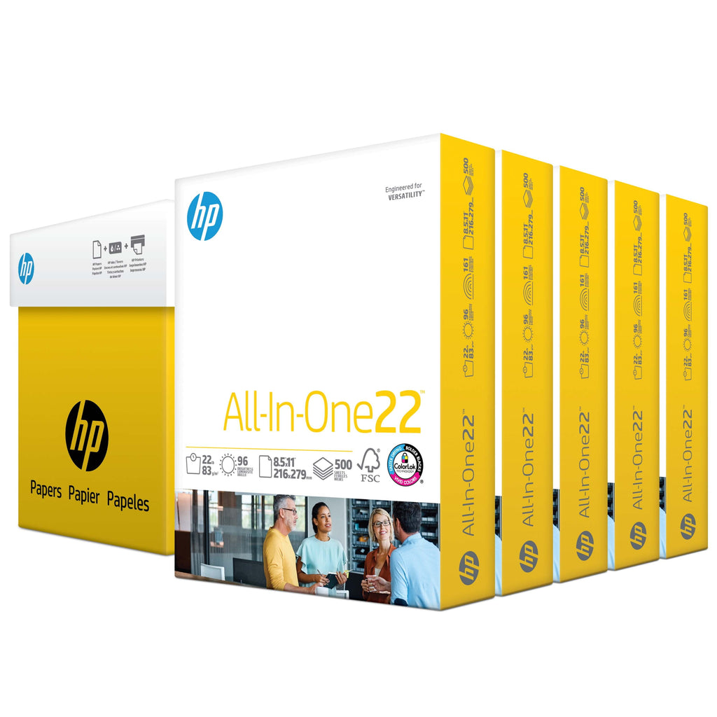 HP Printer Paper. All-in-One 22. 8.5 x 11. 22 lb. 96 Bright. White. 5 Reams (2.500 Sheets)